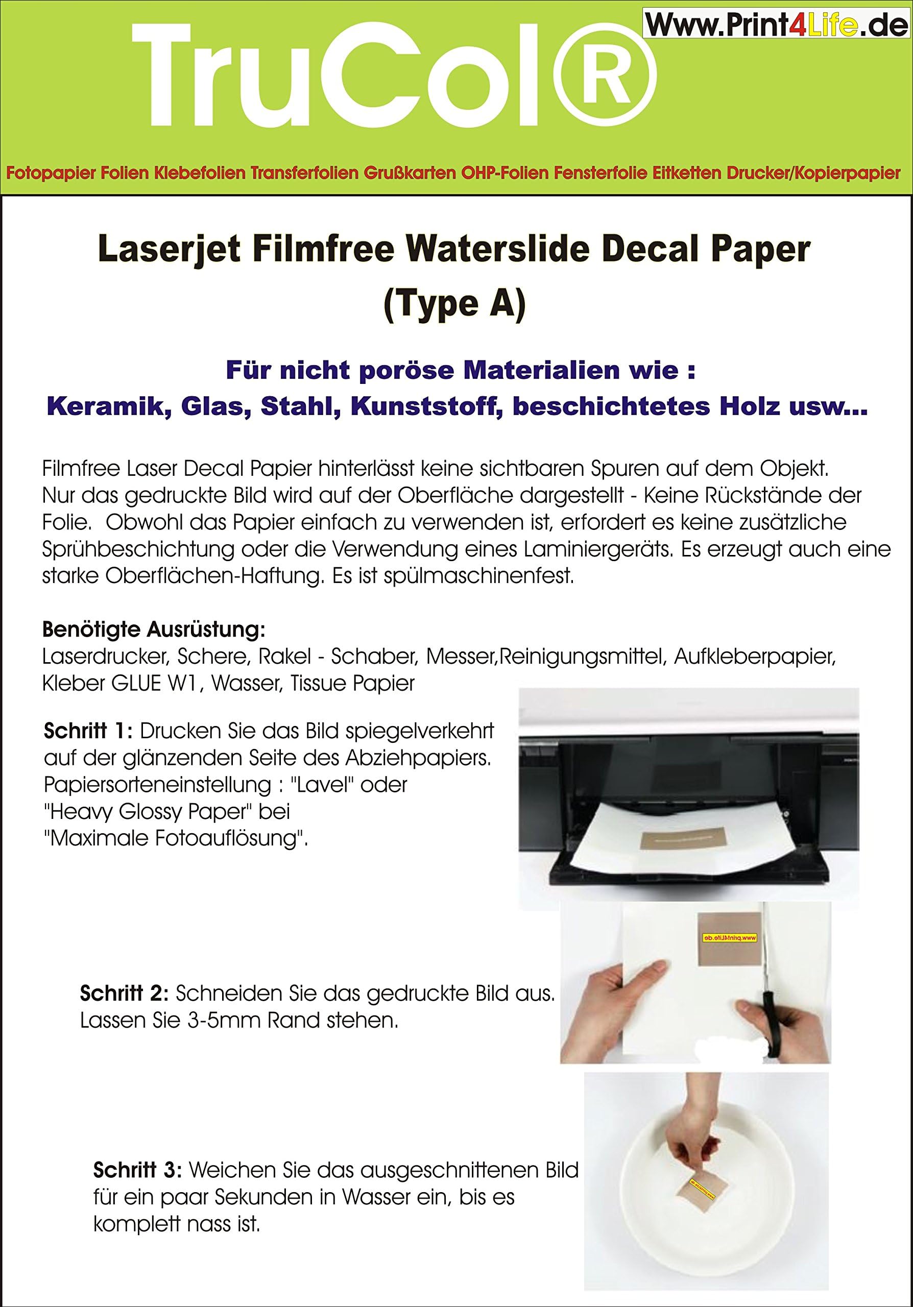 10 sheets of water slide decal paper transfer foil A4 size transparent for laser printer copier (only the print is transferred - no foil) for smooth/non-porous materials