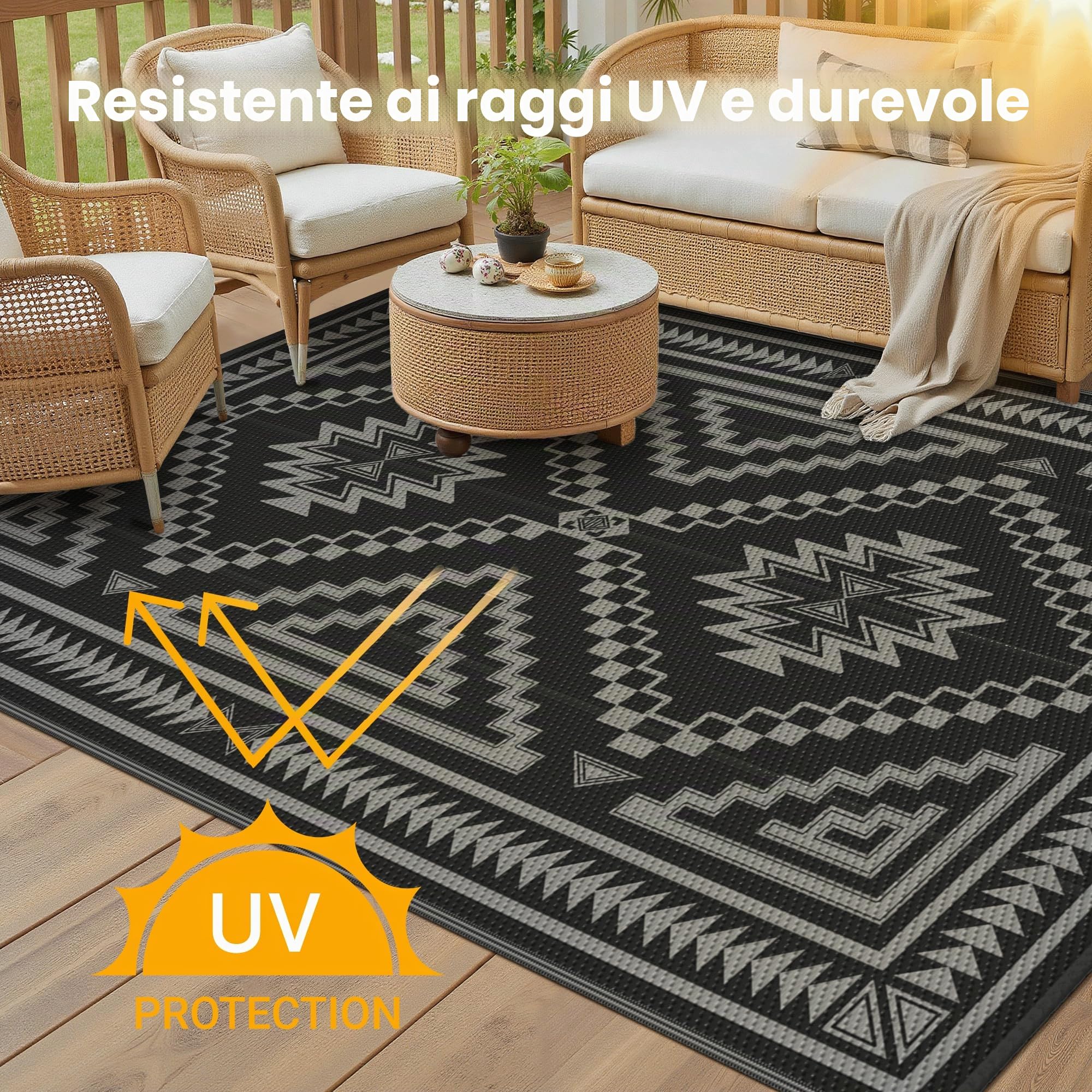 GENIMO Tappeto Outdoor 6x9 ft Impermeabile Reversibile Motivo Losanga per Terrazzo Giardino Eventi - Grigio Nero