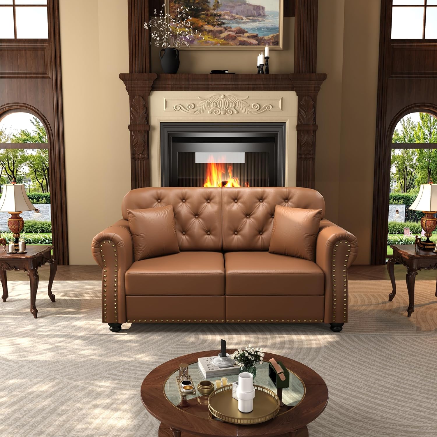 63" Faux Leather Loveseat Sofa with Ottoman, Chesterfield 2 Seat Couch Set, Button Tufted Back, Rolled Arms, Small Space Living Room Apartment, Brown
