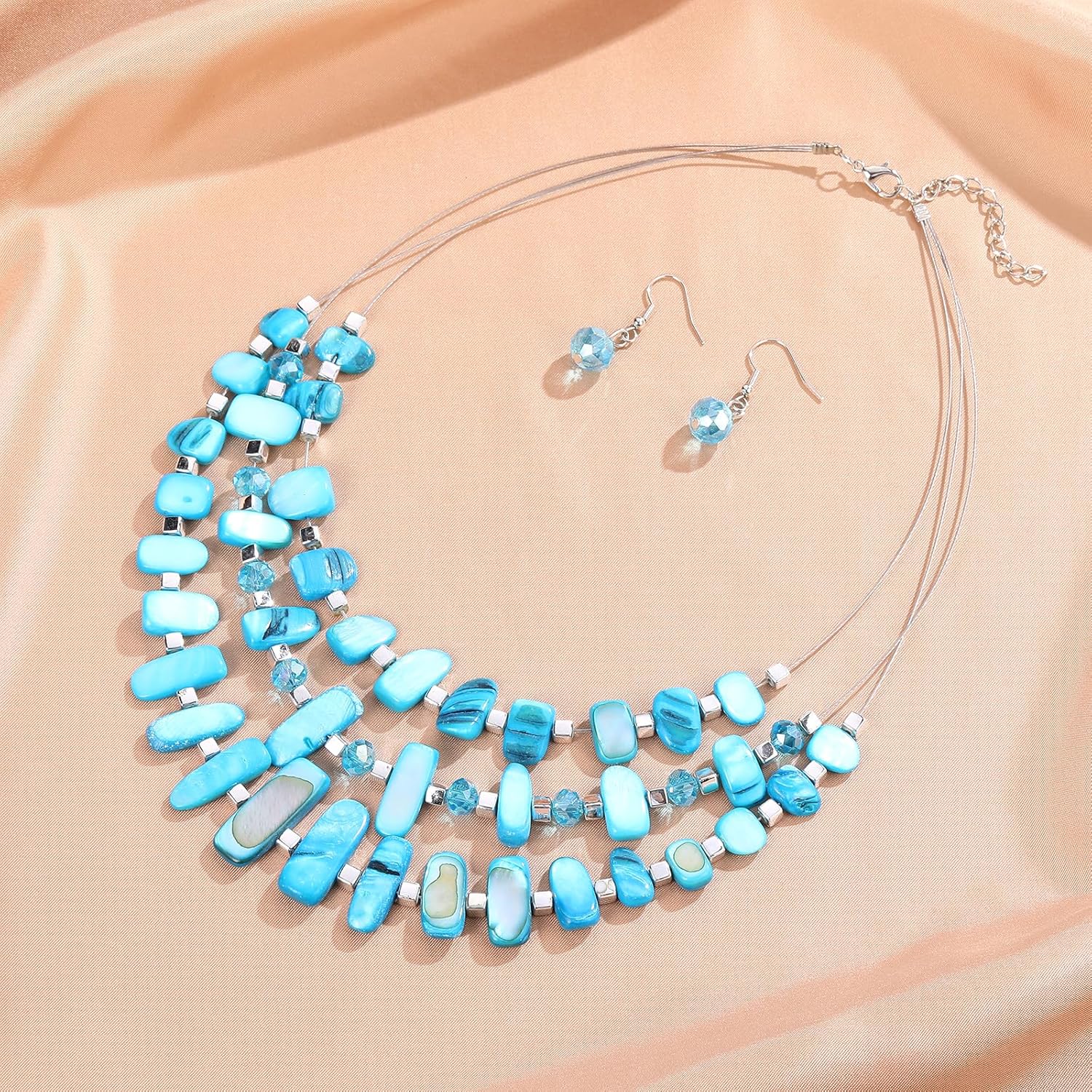 3 Layered Chunky Statement Necklace for Women Beaded Strand Necklaces with Earring Fashion Costumes Collar Necklace Jewelry Sets Gifts for Women - Image 2