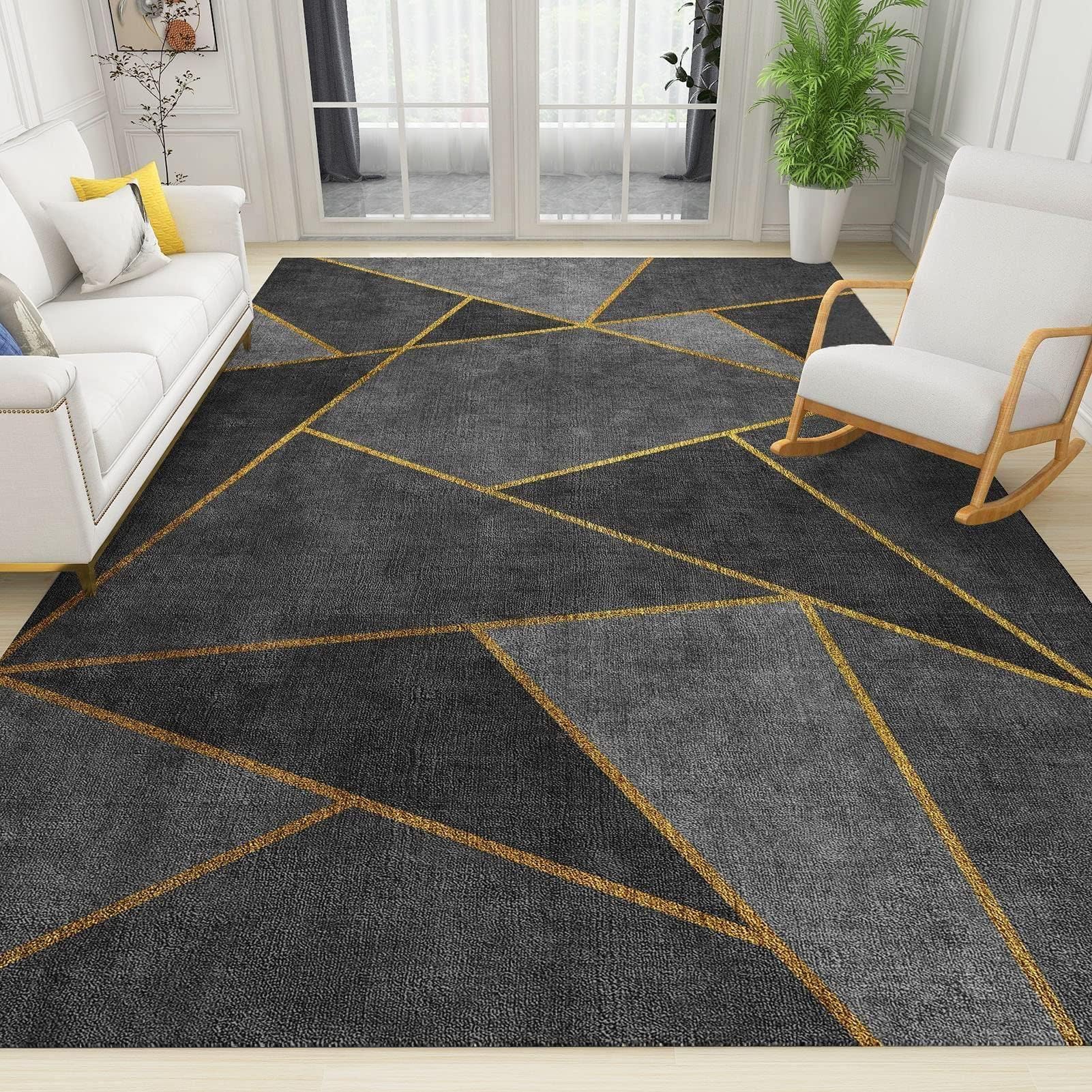 BSIKIE Modern Black Geometric Gold Thread Area Rug, Abstract Grey European Minimalist Style Indoor Non Slip Office Rugs, Machine Washable Carpet for