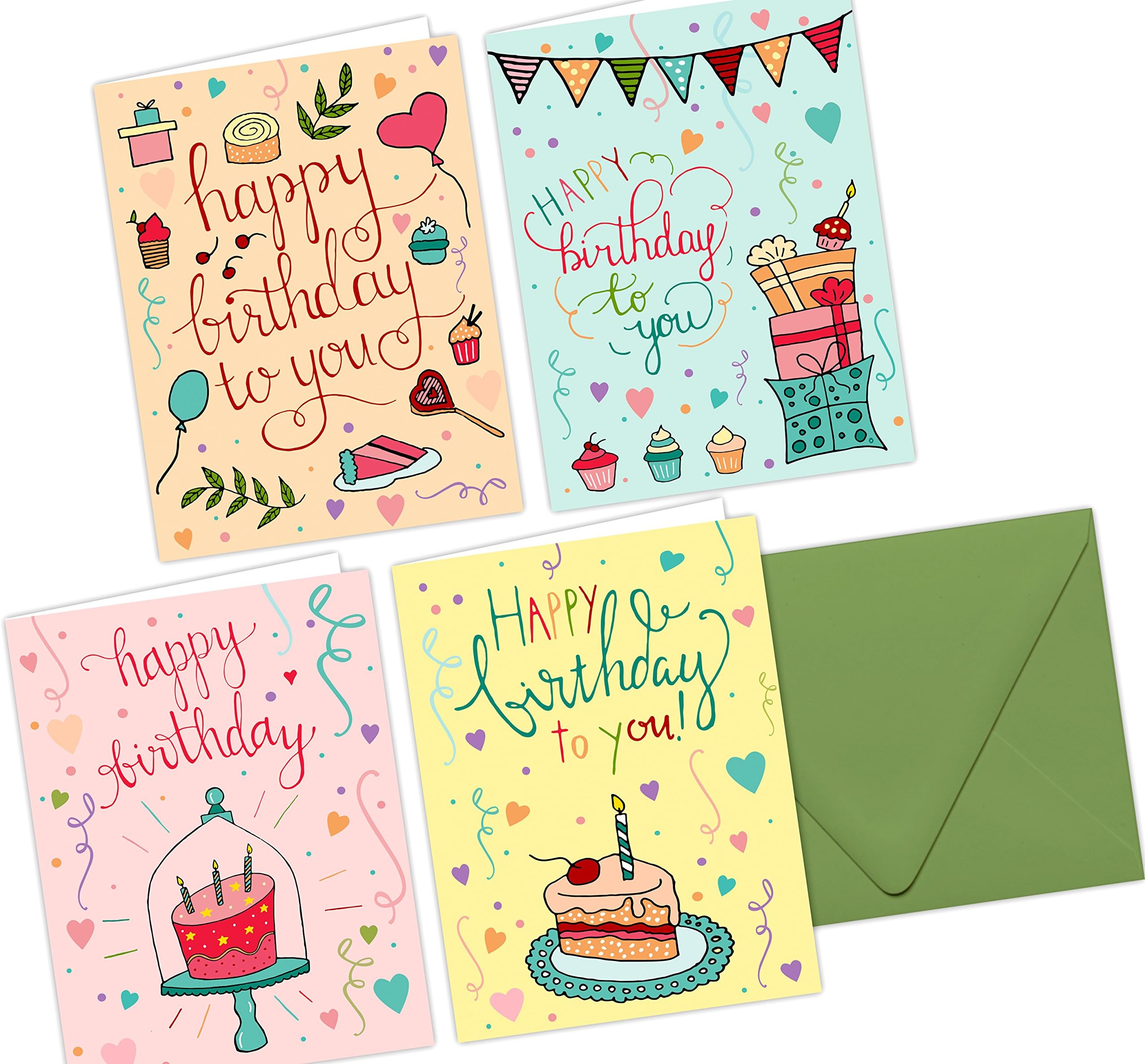 One Jade Lane - Whimsical Happy Birthday Cards & Envelopes - 4 Designs/3 of each.