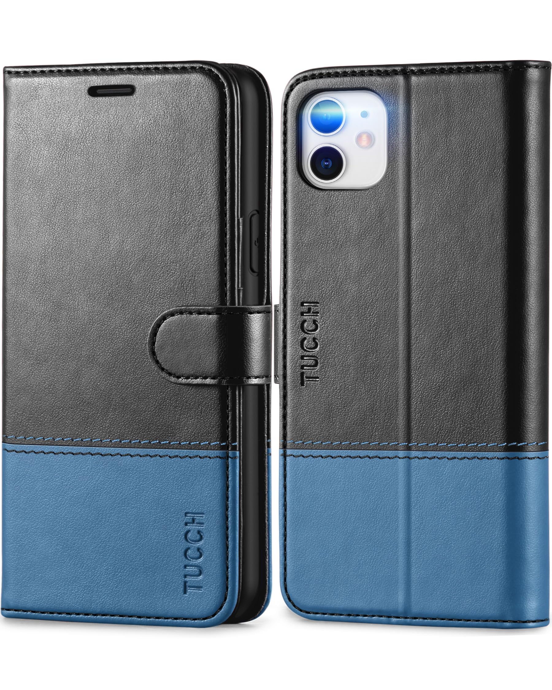 TUCCH Cover per iPhone 11, Custodia Folio [RFID Blocking] Portafoglio Pelle Sintetica TPU Antiurto, Supporto Slot per Schede Protezione Ottimale per iPhone 11 (6,1 pollici, 2019), Nero Azzurro