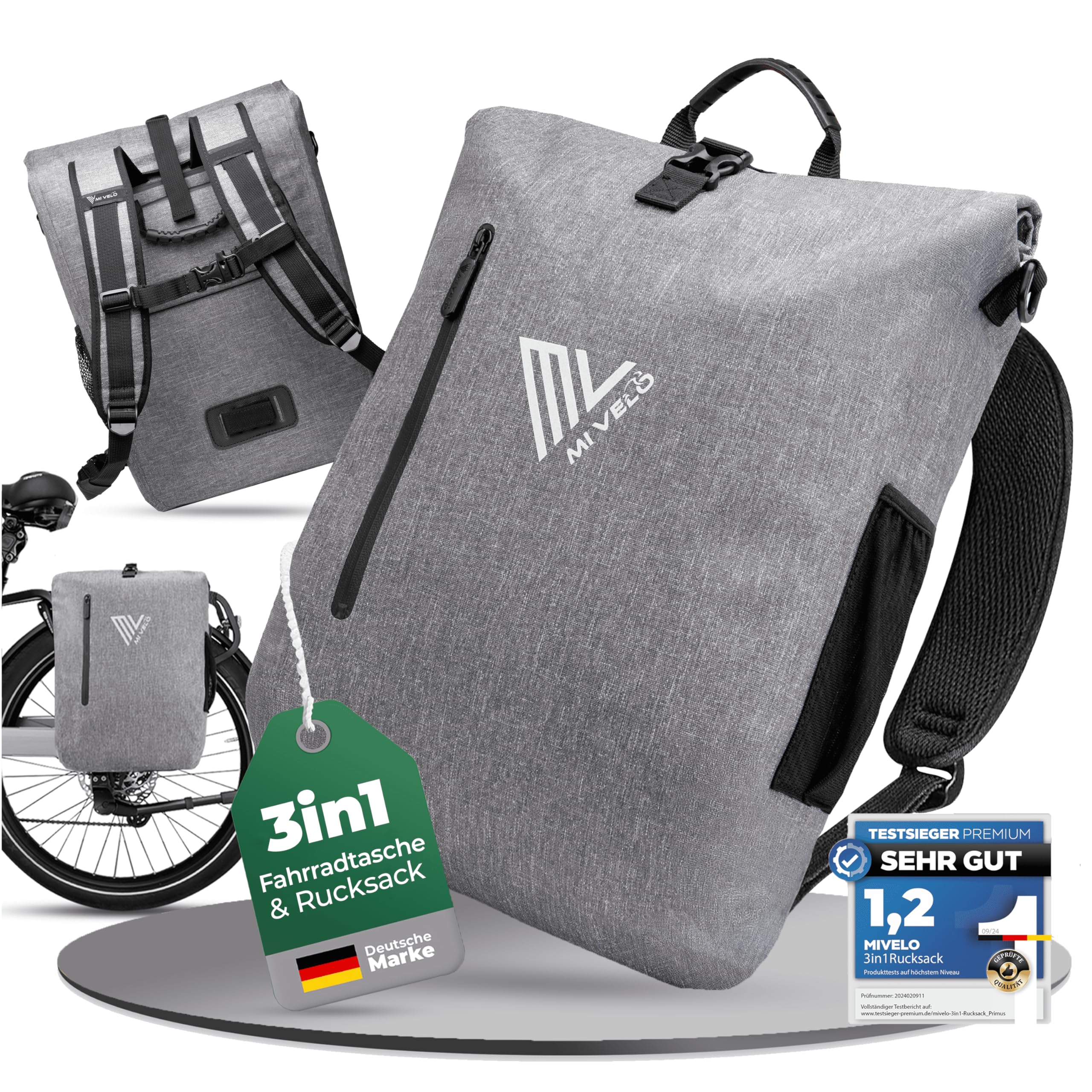 MIVELO - 3in1 Fahrradtasche für Gepäckträger, 100% wasserdicht & PVC-frei, Fahrradtasche Rucksack & Umhängetasche, Fahrrad Tasche Gepäckträgertasche (Grau, 20L)