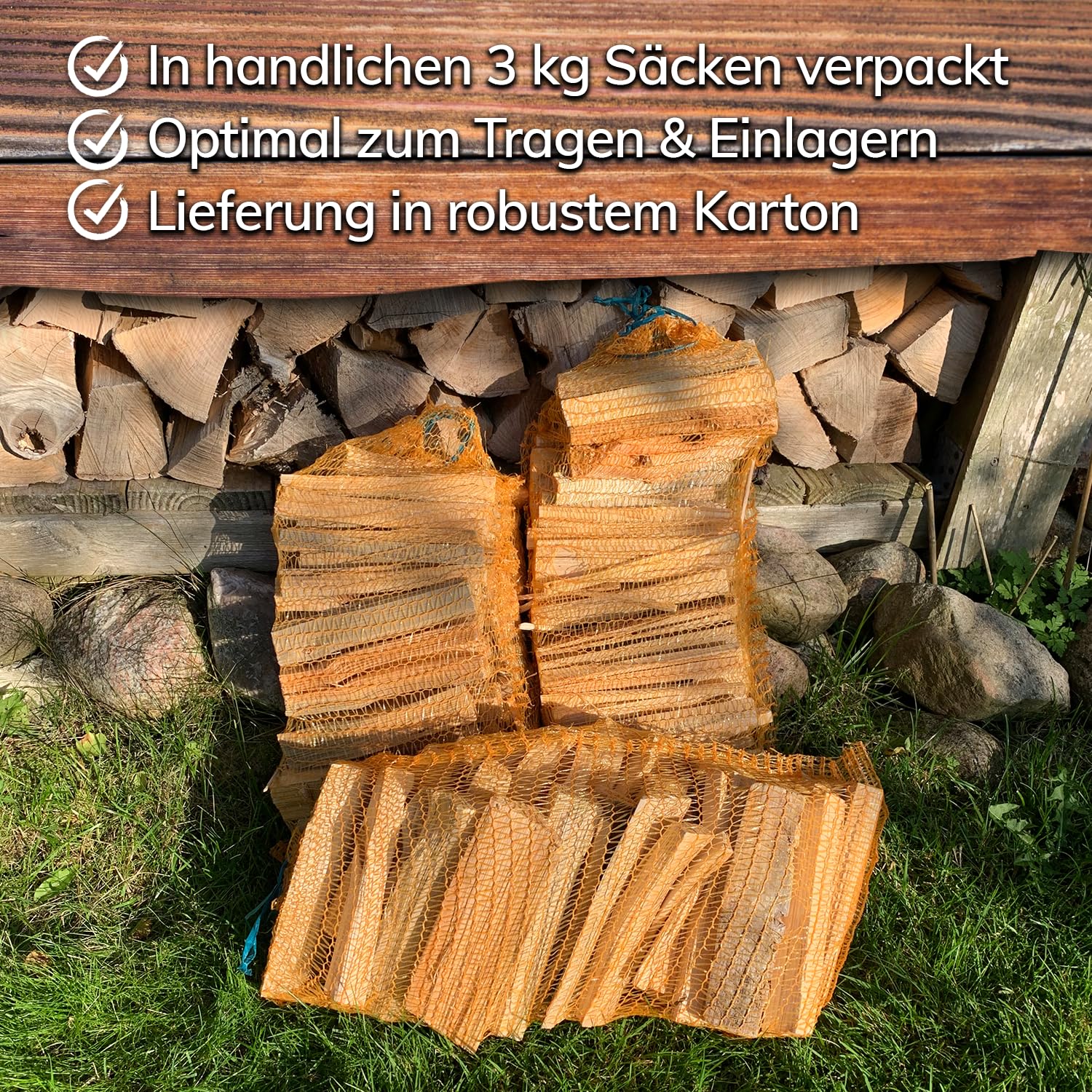 Landree Anfeuerholz, Anzündholz 18 kg (6 Netze a 3 kg) ca 20cm Scheitlänge, Nadelholz, trockenes und sofort einsetzbares Brennholz für Kamin und Ofen, Qualität aus Schleswig Holstein