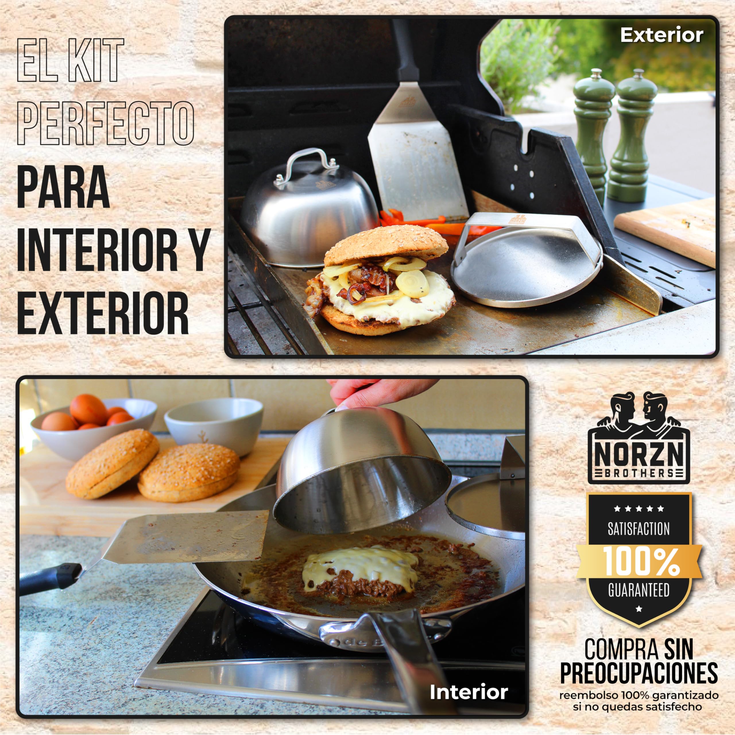 Kit Smash Burger – Incluye Smasher o Aplastador de Hamburguesa, Espátula para Plancha y Campana para Barbacoa - Fabricado Acero INOX. 304 Certif. Contanto Alimentos, Garantía 10 Años