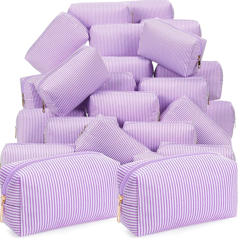 Sanwuta Necessaires de Maquiagem em Tecido Seersucker Listrado Roxo, Pacote com 24
