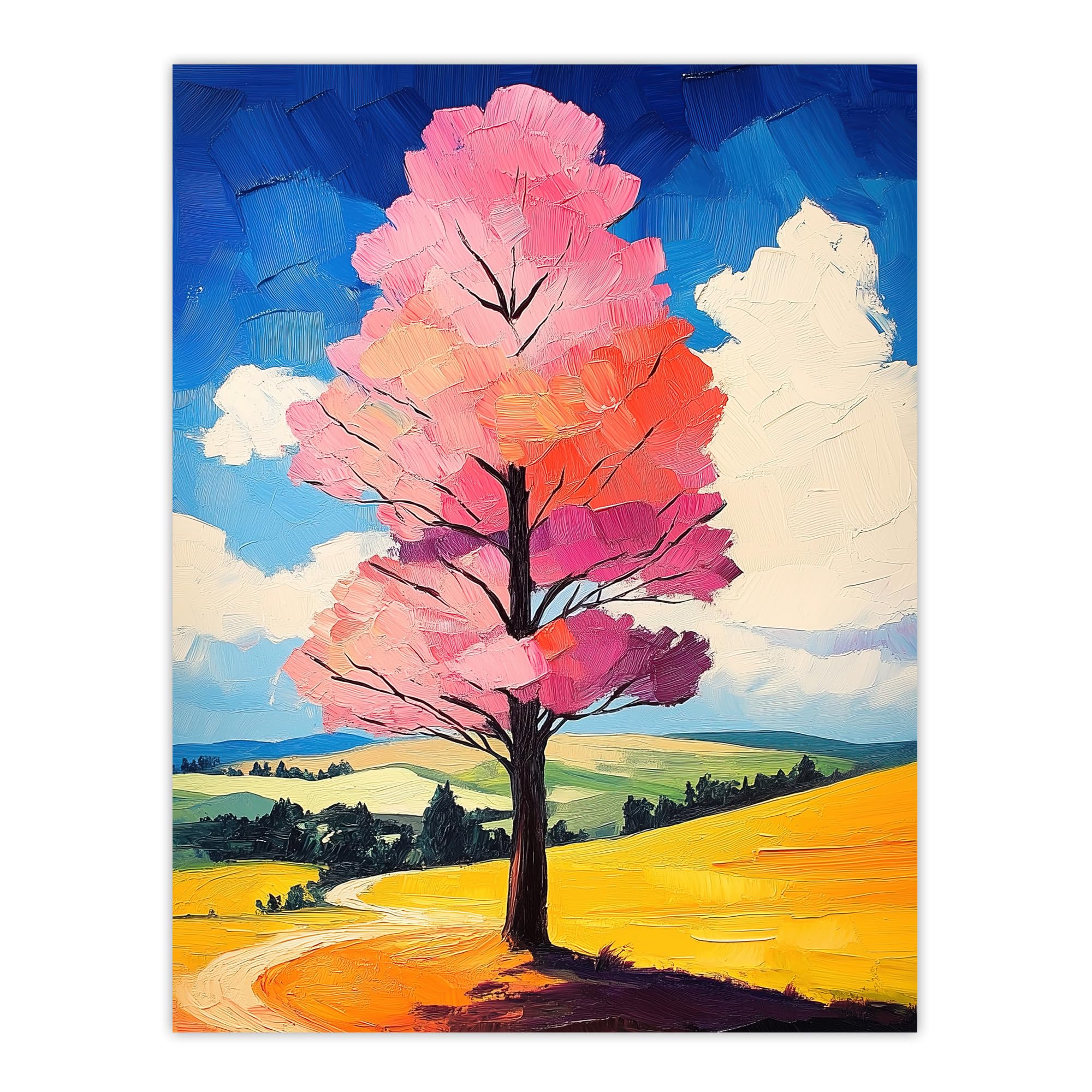 Artery8 Pink Tree in Countryside Field Landscape Painting Living Room Large Wall Art Poster Print Thick Paper 18X24 Inch