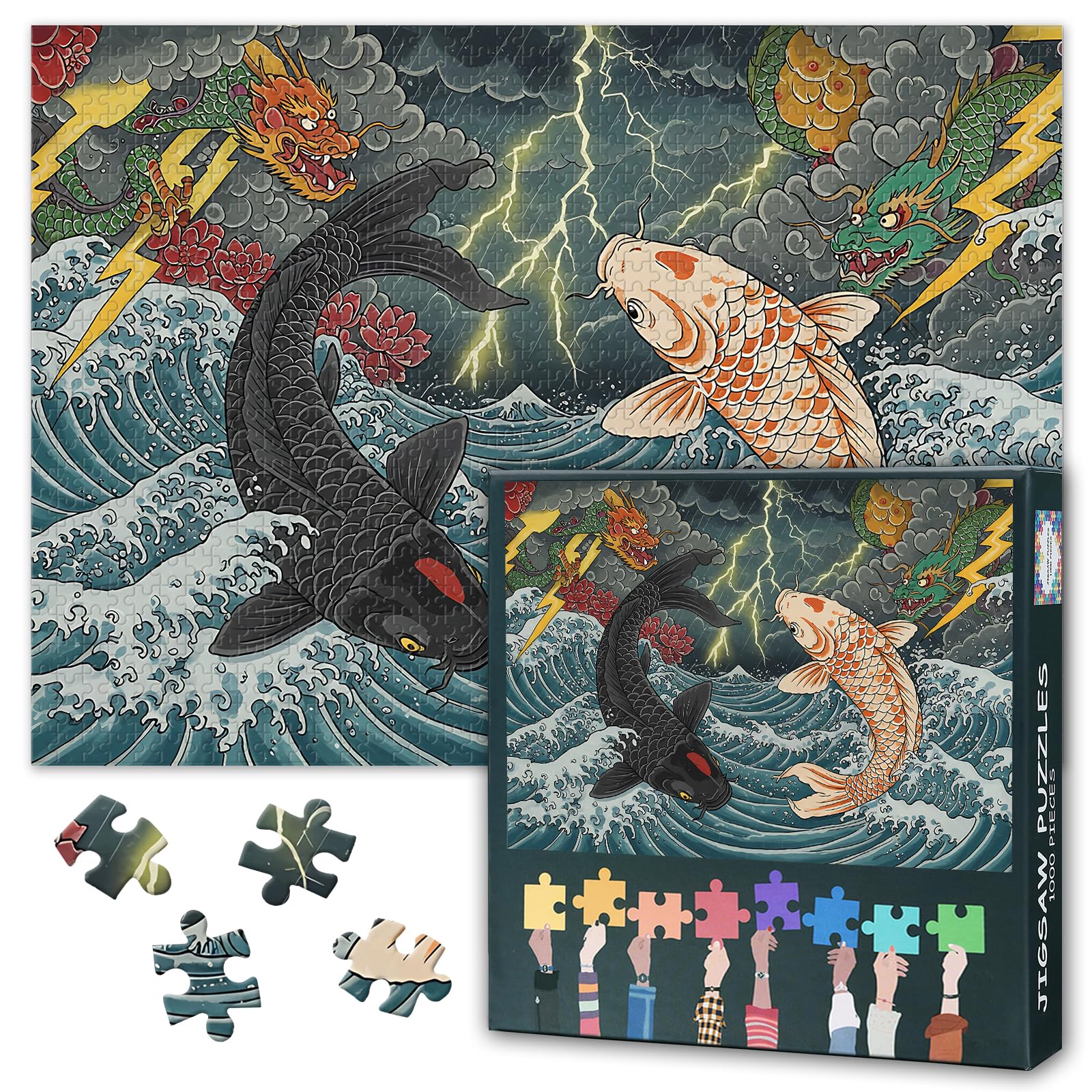Koi Fish Puzzles for Adults 1000 Pieces, Fierce Dragons and Lightning Jigsaw Puzzles, Yinyang Jigsaw Puzzle