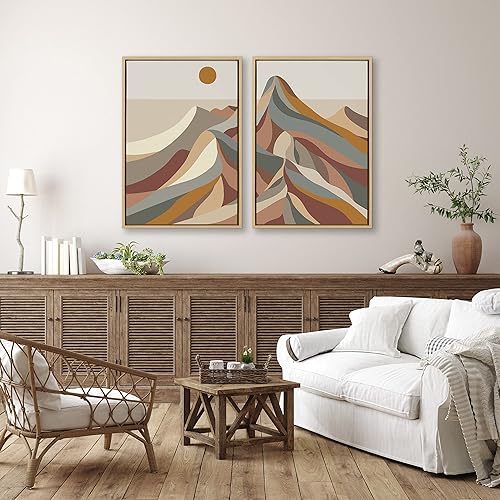 Miniatura 3 de Kate and Laurel Sylvie - Lienzo decorativo de pared con marco de montañas modernas de mediados de siglo, 2 piezas, 23 x 33 pulgadas, natural,