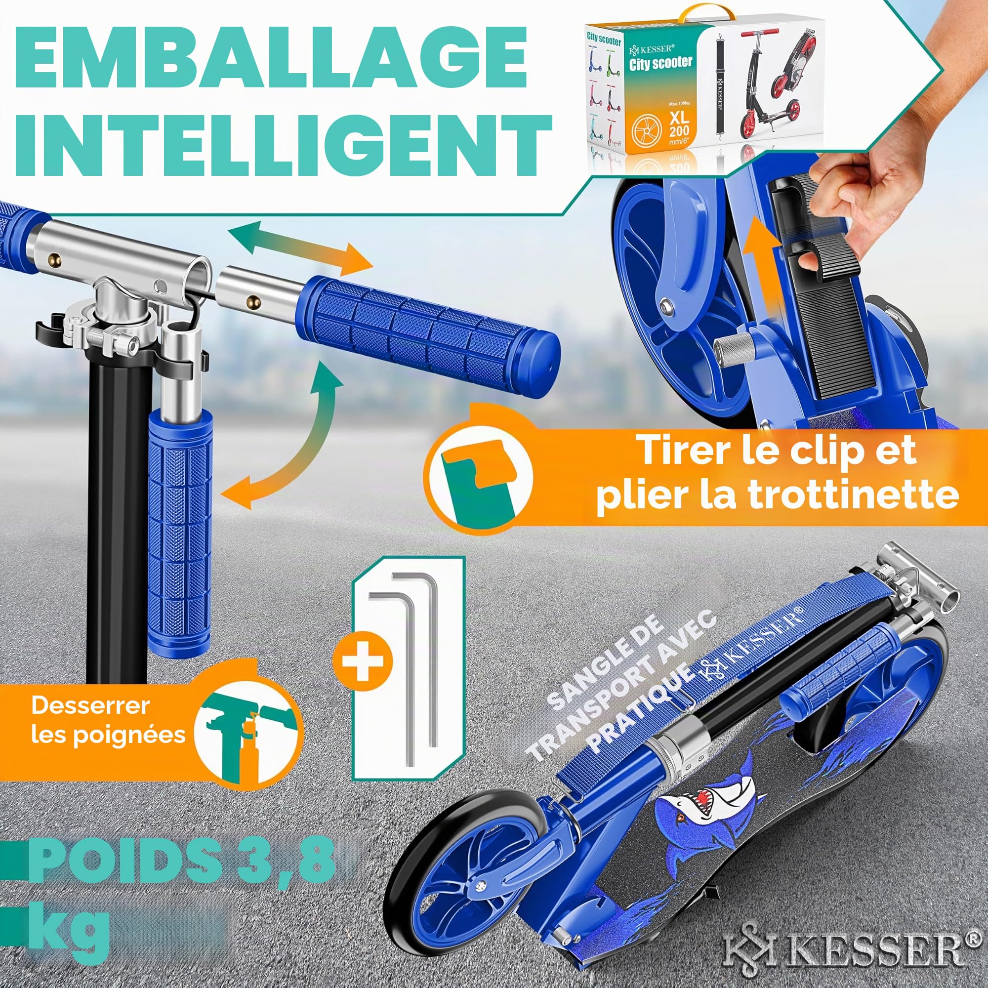 KESSER® Scooter pour Enfants de Ville Trottinette Pliable réglable en Hauteur, Kickscooter jusqu'à 100kg, Frein de Roue Arrière, Jusqu'à 190cm de Hauteur, Sangle de Transport Incluse