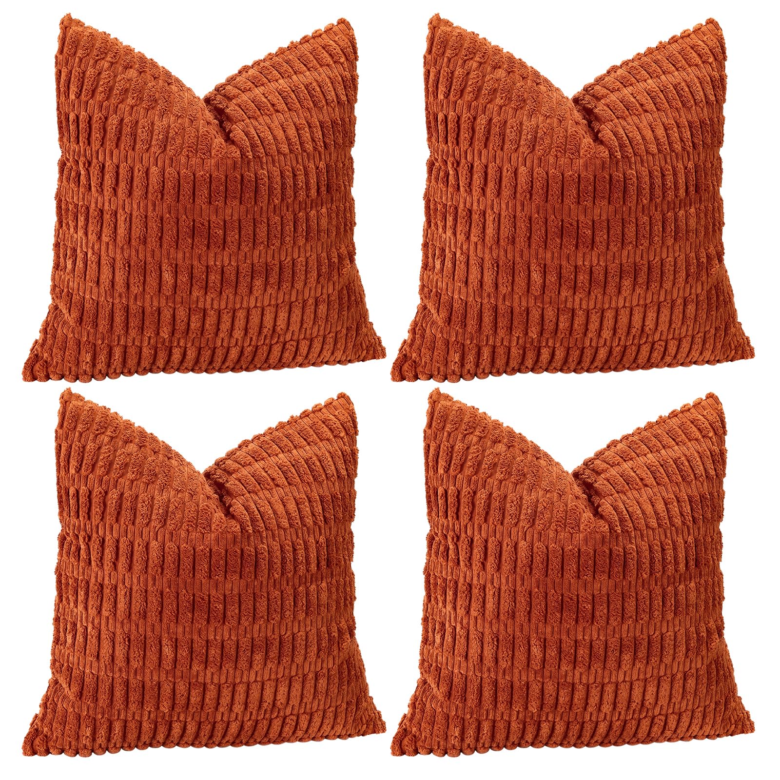 Sungeek Set of 4 Soft Corduroy Decorative Cushion Covers 50x50cm Square Striped Throw Pillow Covers 20x20 Inch for Sofa Couch Living Room Patio Farmhouse Boho Home Decor Pillowcases (Rust)