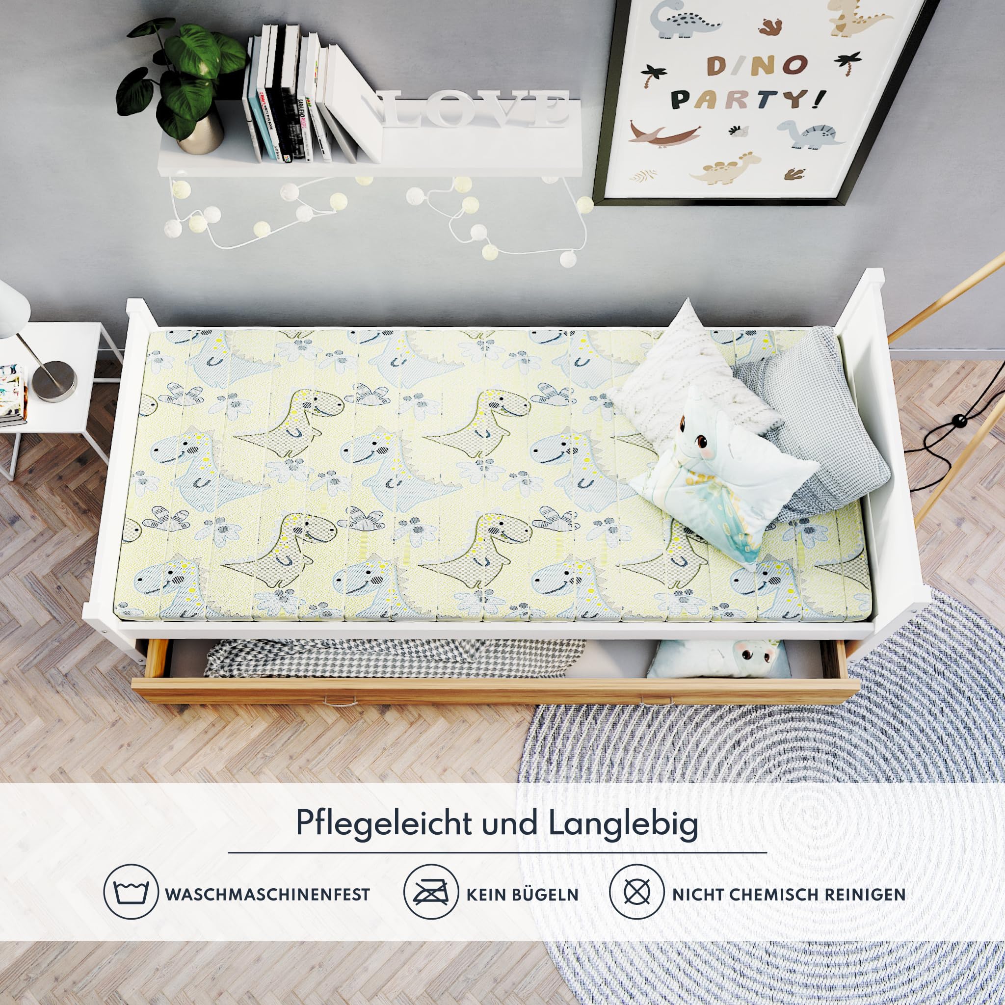 FDM Somnia Kindermatras, 80 x 200 cm, koudschuimmatras, hoogte 10 cm, hardheidsgraad H3, Oeko-Tex, geschikt voor mensen met allergieën, wasbare matrashoes, dino