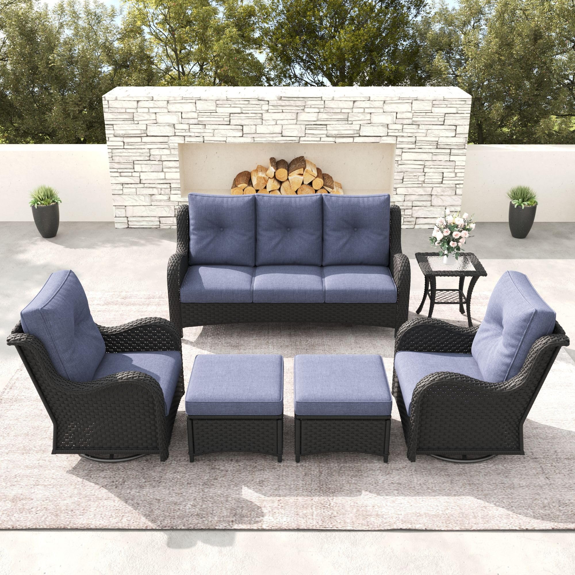 Outdoor Furniture Set, 6 Pieces Rattan Wicker Swivel Chair Coversation Set with Ottomans