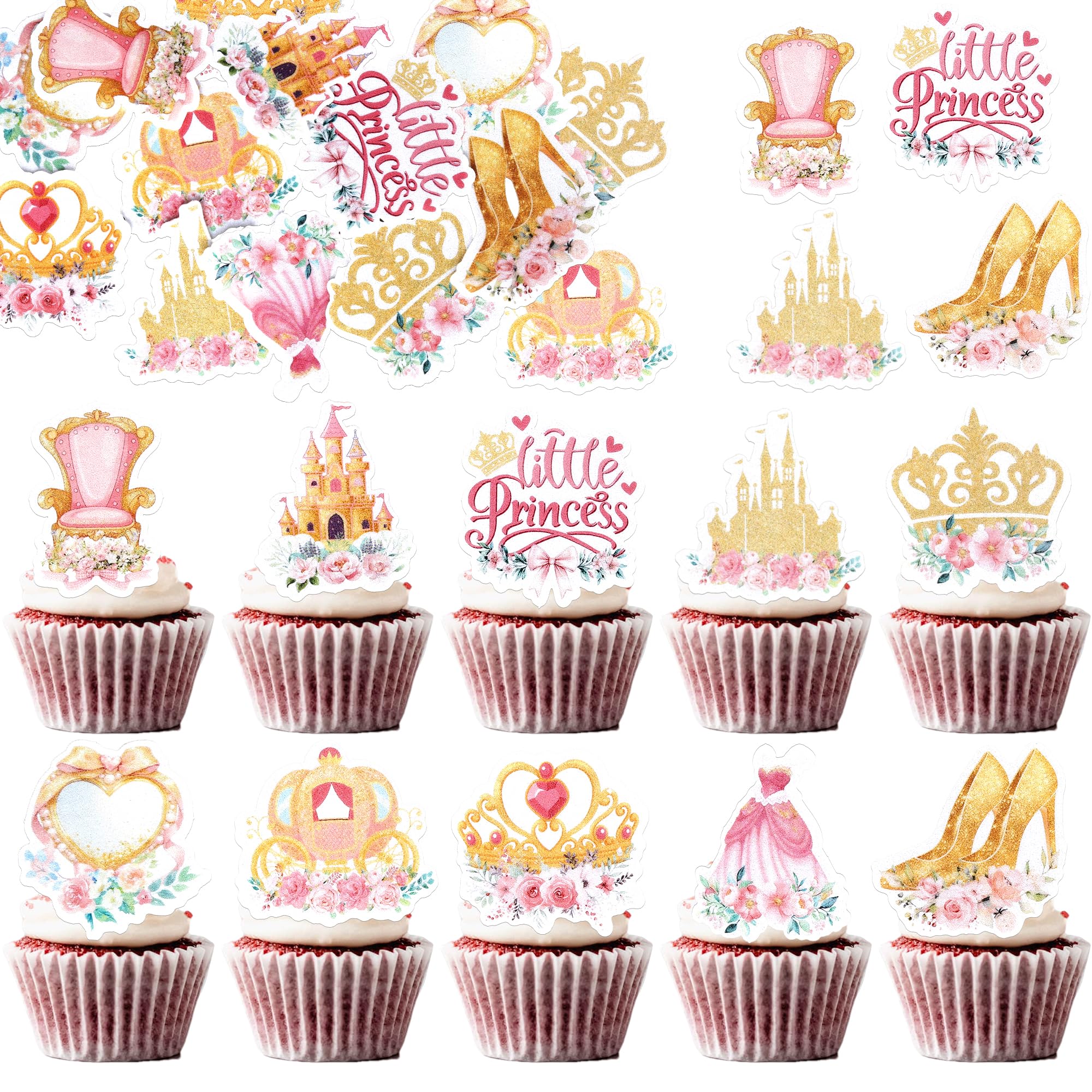SYKYCTCY 60 Pack Edible Princess Cupcake Toppers Bow Girl Little Princess Cupcake Picks Castle Crown High Heel Cake Decorations for Wedding Bridal Shower Baby Shower Birthday Party Supplies