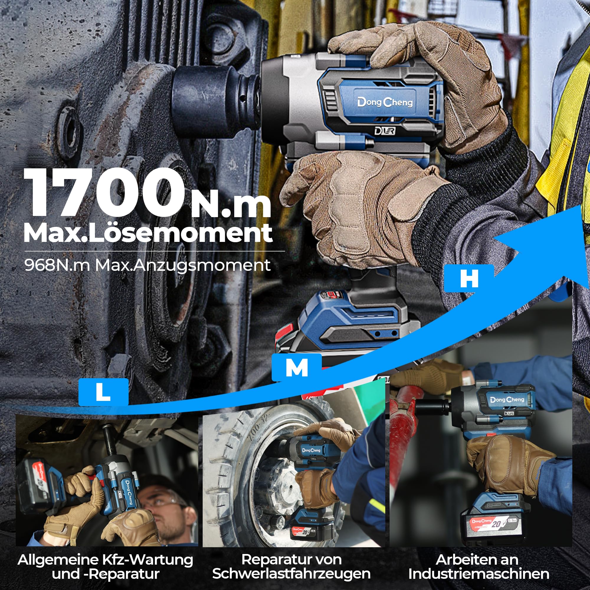 Dong Cheng 20V Akku-Schlagschrauber Bürstenlos, 1700 Nm Drehmoment, inkl Li-Ion 5,0Ah Akku & Ladegerät Drehschlagschlüssel 3-Gang-Modus & Auto-Stop, 1/2" Aufnahme – für LKW,Land-und Baumaschinen