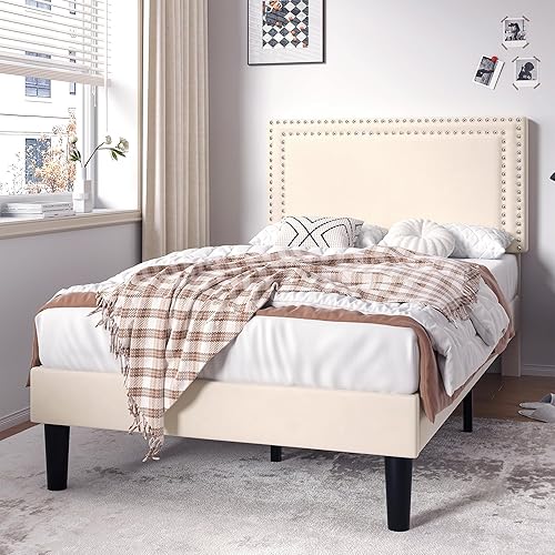 Miniatura 119 de VECELO Base de cama de tamaño matrimonial con cabecera tapizada ajustable, plataforma de listones de madera, diseño sin ruido, fácil montaje Negro