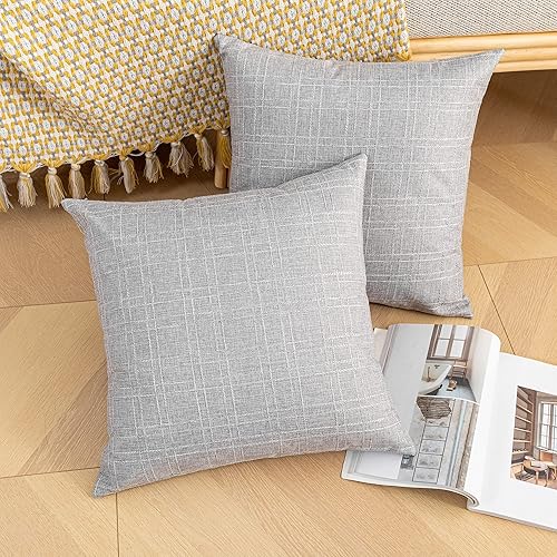 Miniatura 4 de Kevin Textile Paquete de 2 fundas de almohada impermeables para exteriores, fundas de almohada decorativas de lino tejido a cuadros para sofá,