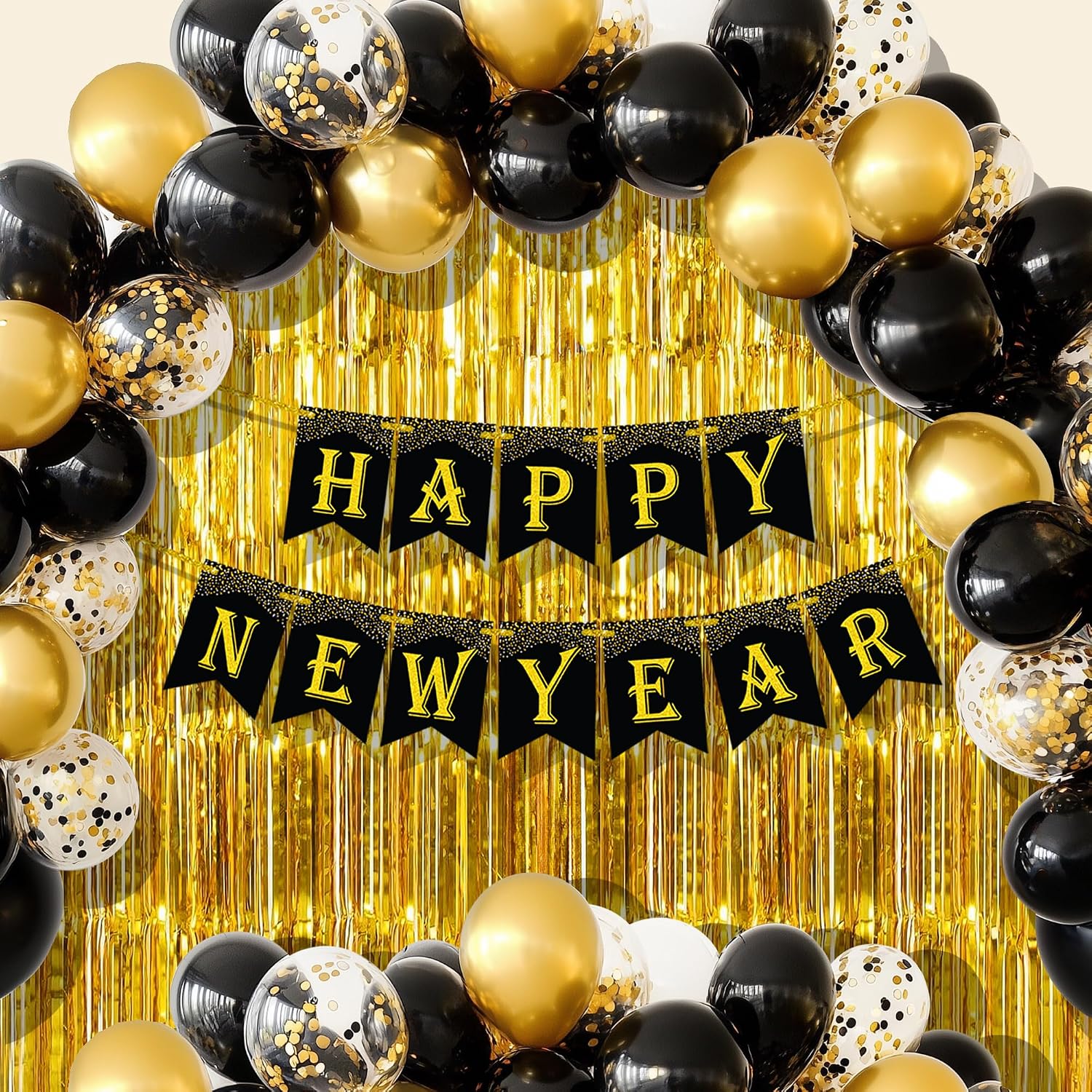 KatchOn, New Years Eve Party Supplies 2026 - Huge, Pack of 29 | Happy New Year Banner, Gold Fringe Backdrop Curtain, New Year Balloons Latex for New Years Decorations 2026 | Nye Decorations 2026