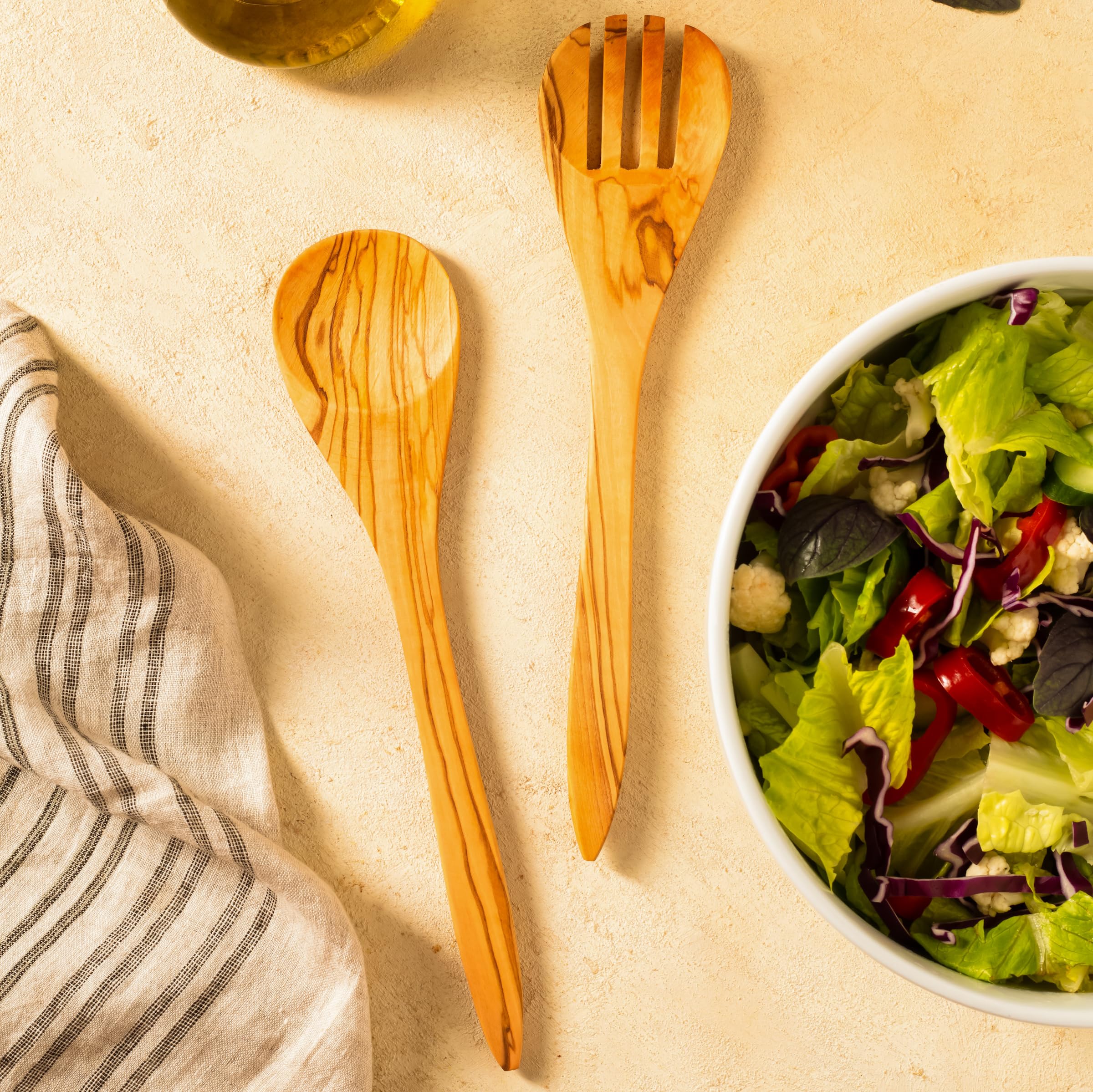 Demy Craft Zeytin Ağacı El Yapımı 2 Parça Salata Servis Seti, Ahşap Kaşık ve Çatal, 30 cm.