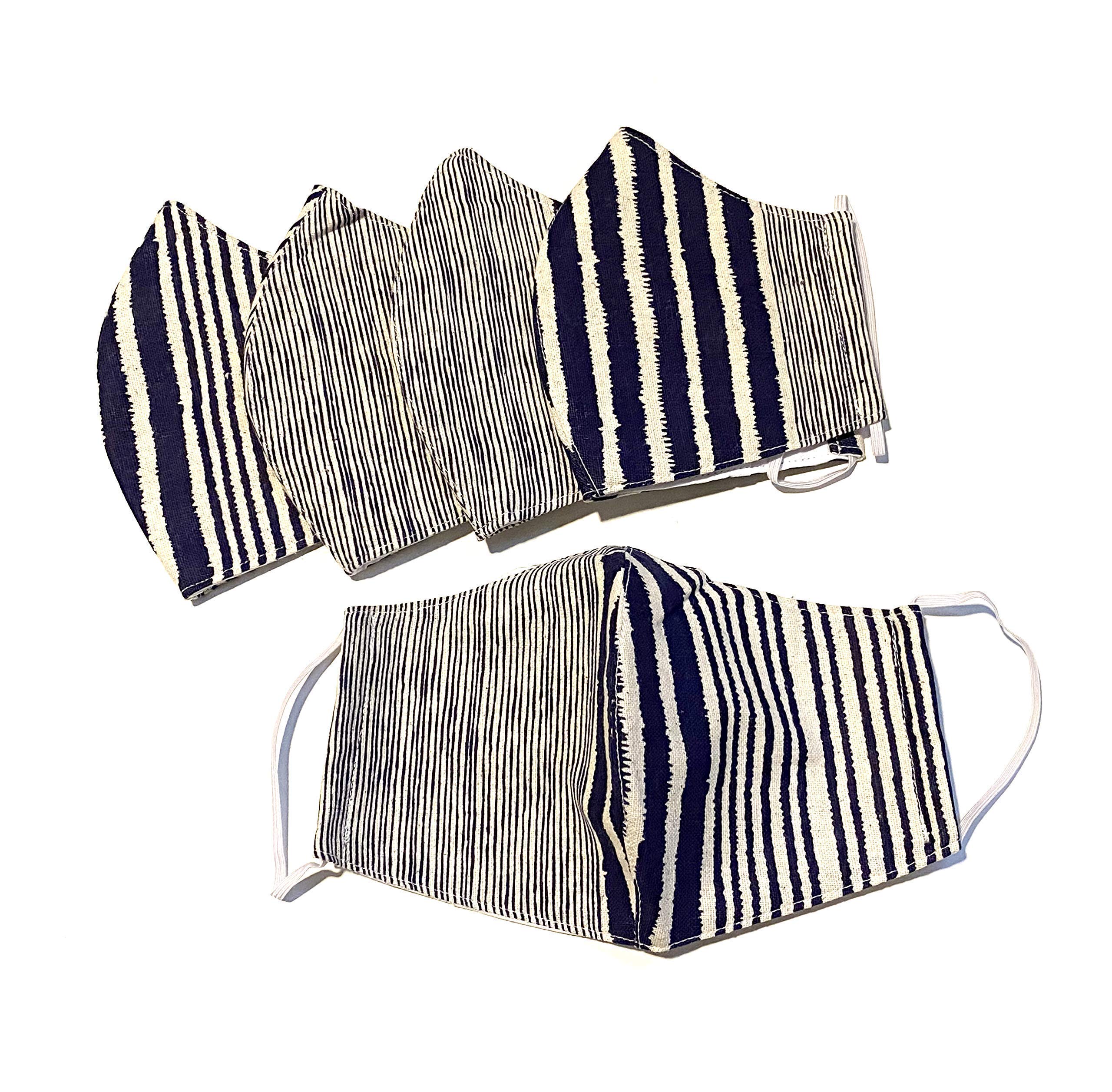 Sunne Tropical 5 Packs Handmade Plus Size Men Women Reusable Washable Natural Cotton Face mask | 3 Ply Naturals Indigo Plant Color Dyed | Black & White Line Pattern