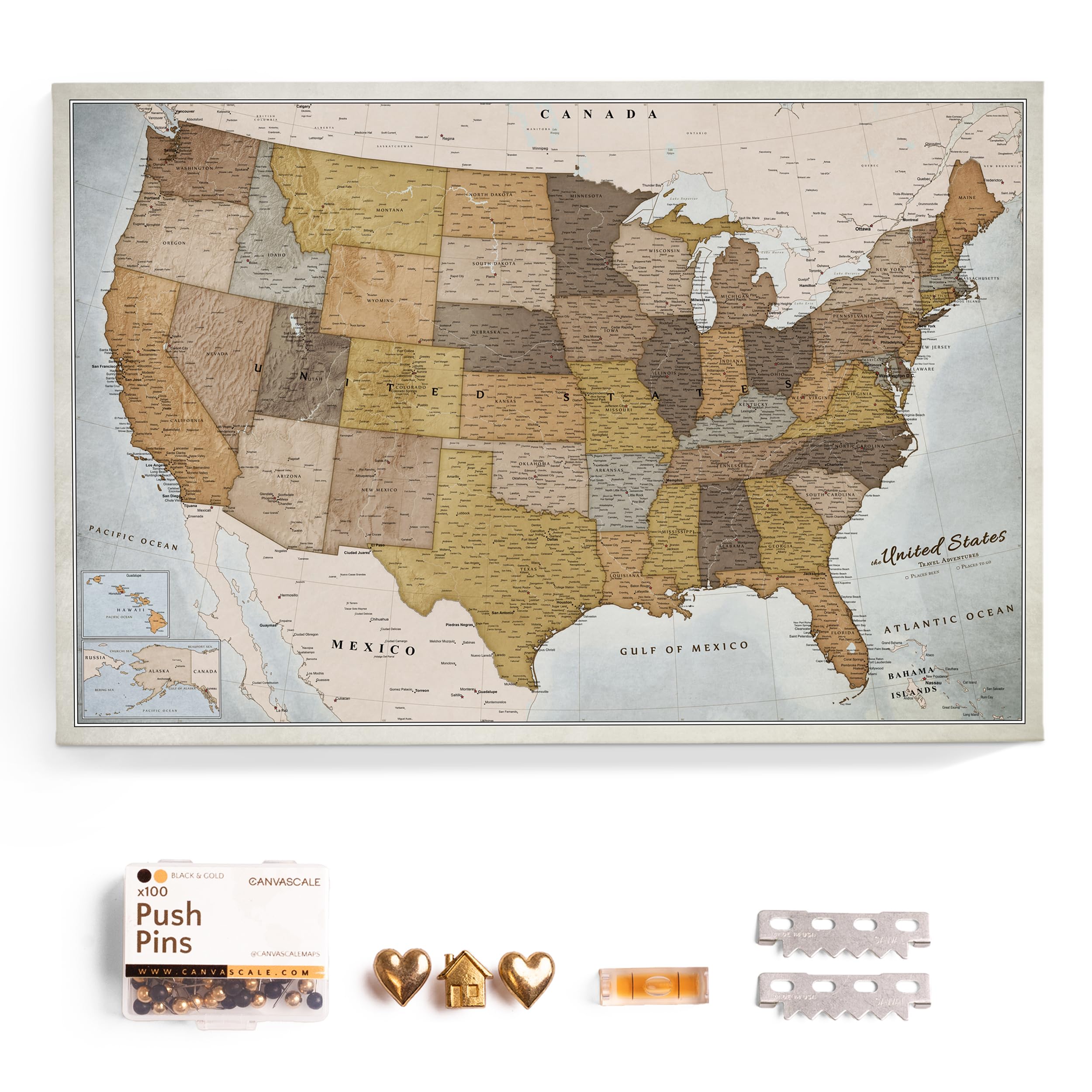 USA Map Canvas Wall Art with Cork Pin Board – Decorative Push Pin Travel Map for Home, Office, Living Room, Bedroom (70x50cm - Pattern 14)