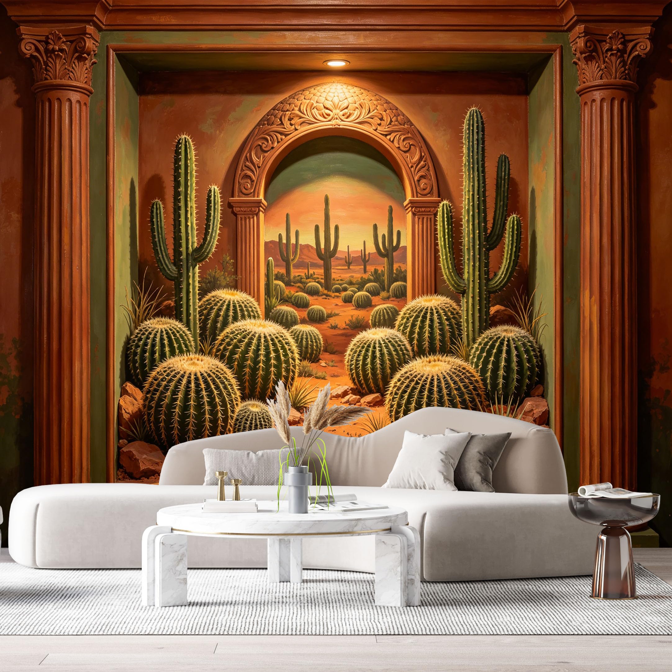 Custom Size Wall Murals Western Desert Cacti Neoclassical Oil Painting 3D Trompe L'Oeil SelfAdhesiveWall Fabric Removable Wallpaper Wall Decor for Living Room Bedroom Bathroom
