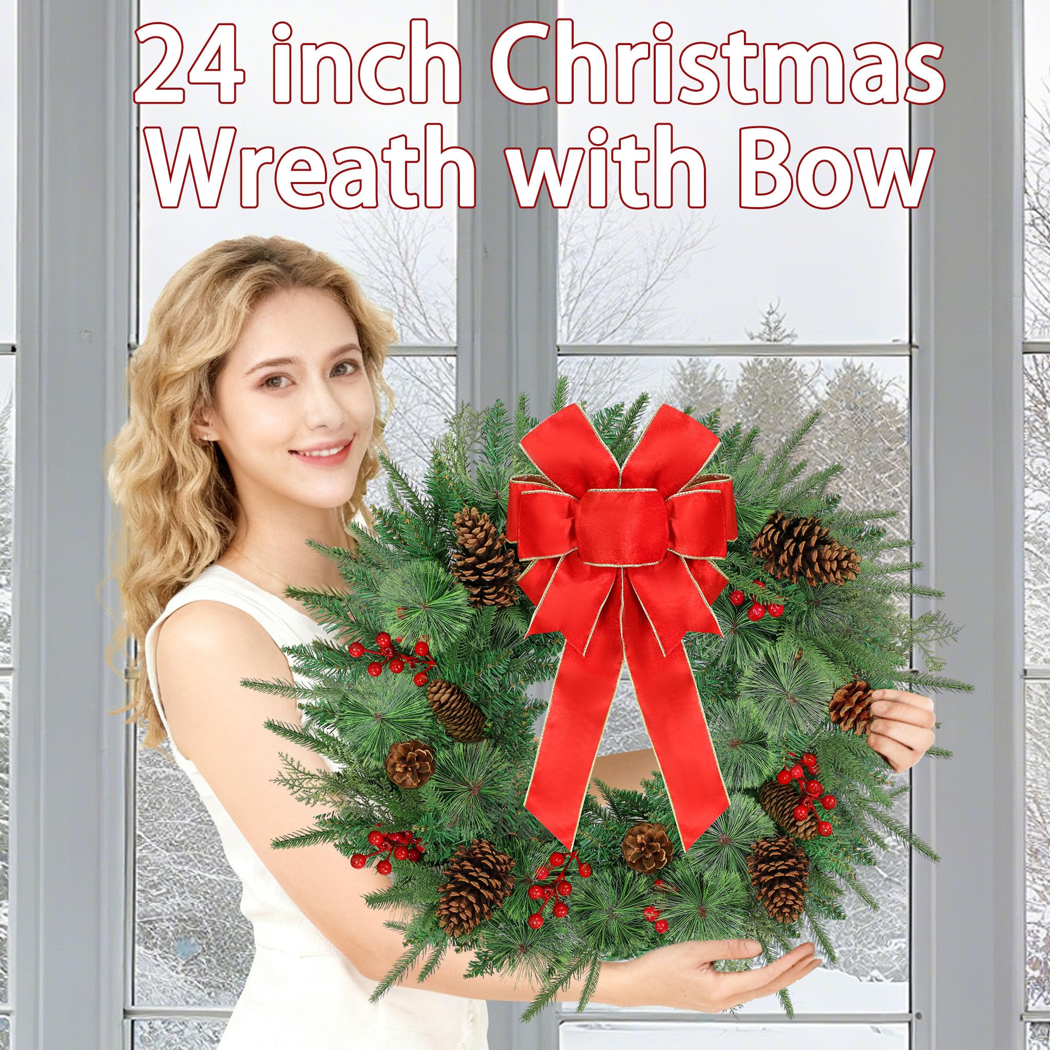 Decoraciones de corona de Navidad de 24 pulgadas, coronas artificiales con 50 luces LED, 8 modos y temporizador, funciona con pilas, 144 puntas de PVC, lazo rojo grande, conos de pino, bayas para