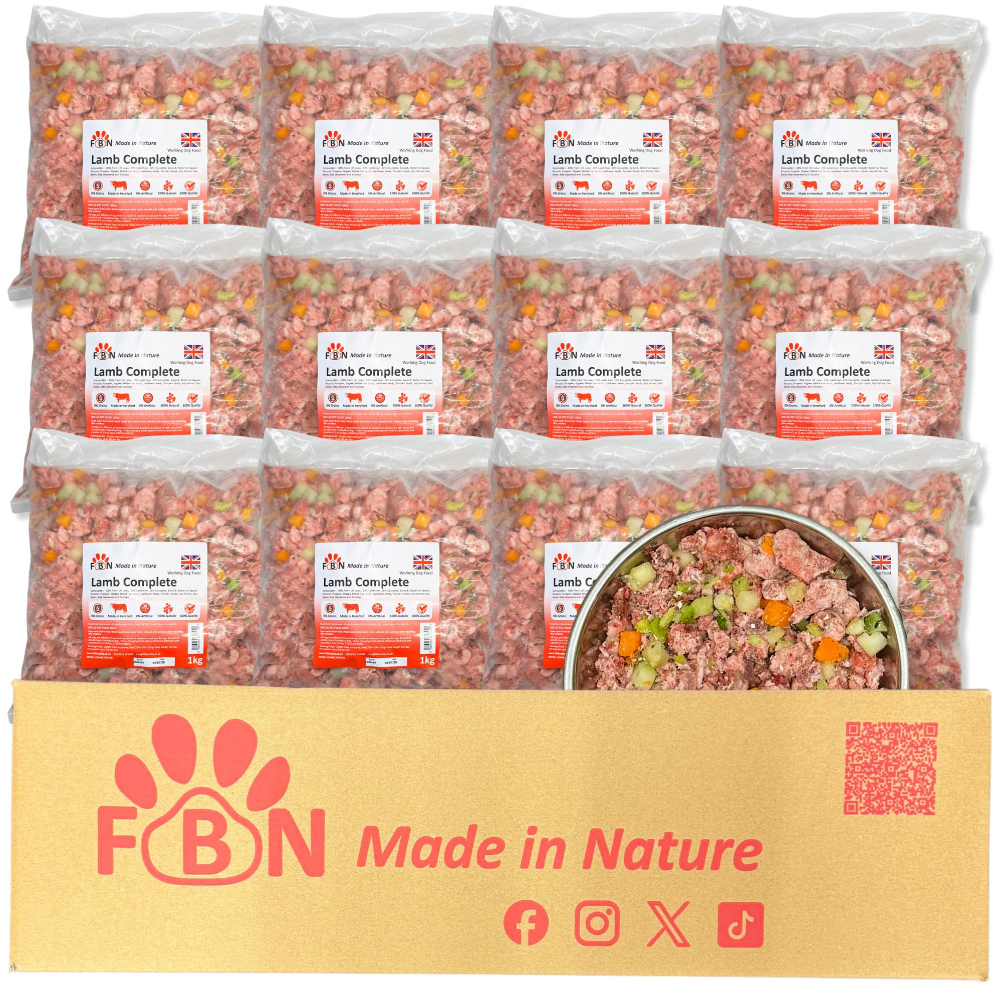 Raw Dog Food Lamb Complete 12kg Box – BARF Premium British Meat Frozen Dog Food 1kg Bags Premium Meat Recipe – Complete Dog Food with Vegetables & Botanicals for Working Dogs