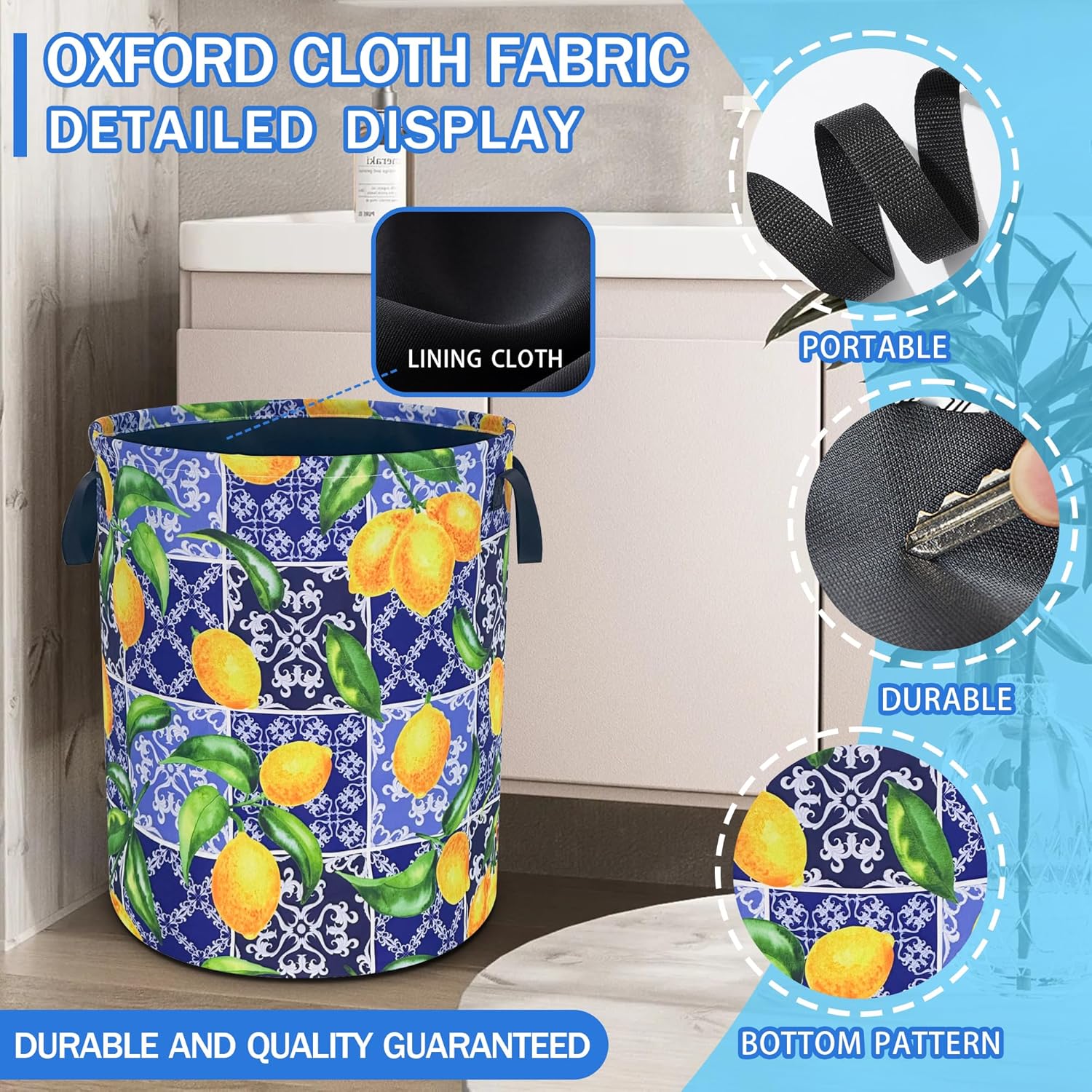 Lemon Laundry Basket Oxford Cloth Mexican Tiles Flower Laundry Hamper With Handle Foldable Portable Clothes Storage Basket 18.9 X 16.5 In Storage Bag For Laundry Room/Bathroom/Bedroom/Dormitories