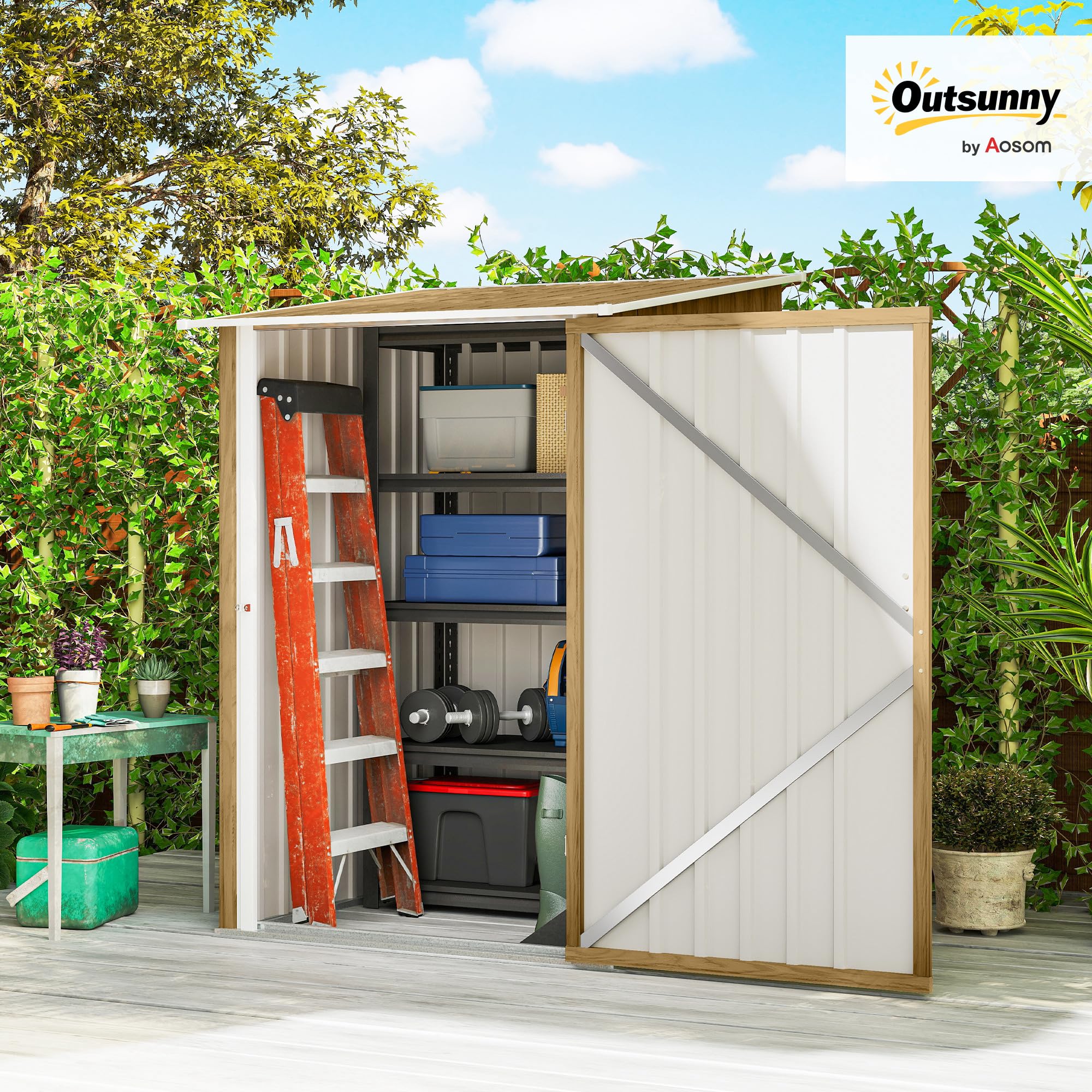 Outsunny Casetta da Giardino 0.92m² Acciaio Zincato 100x104x160 cm Marrone Chiaro Effetto Legno