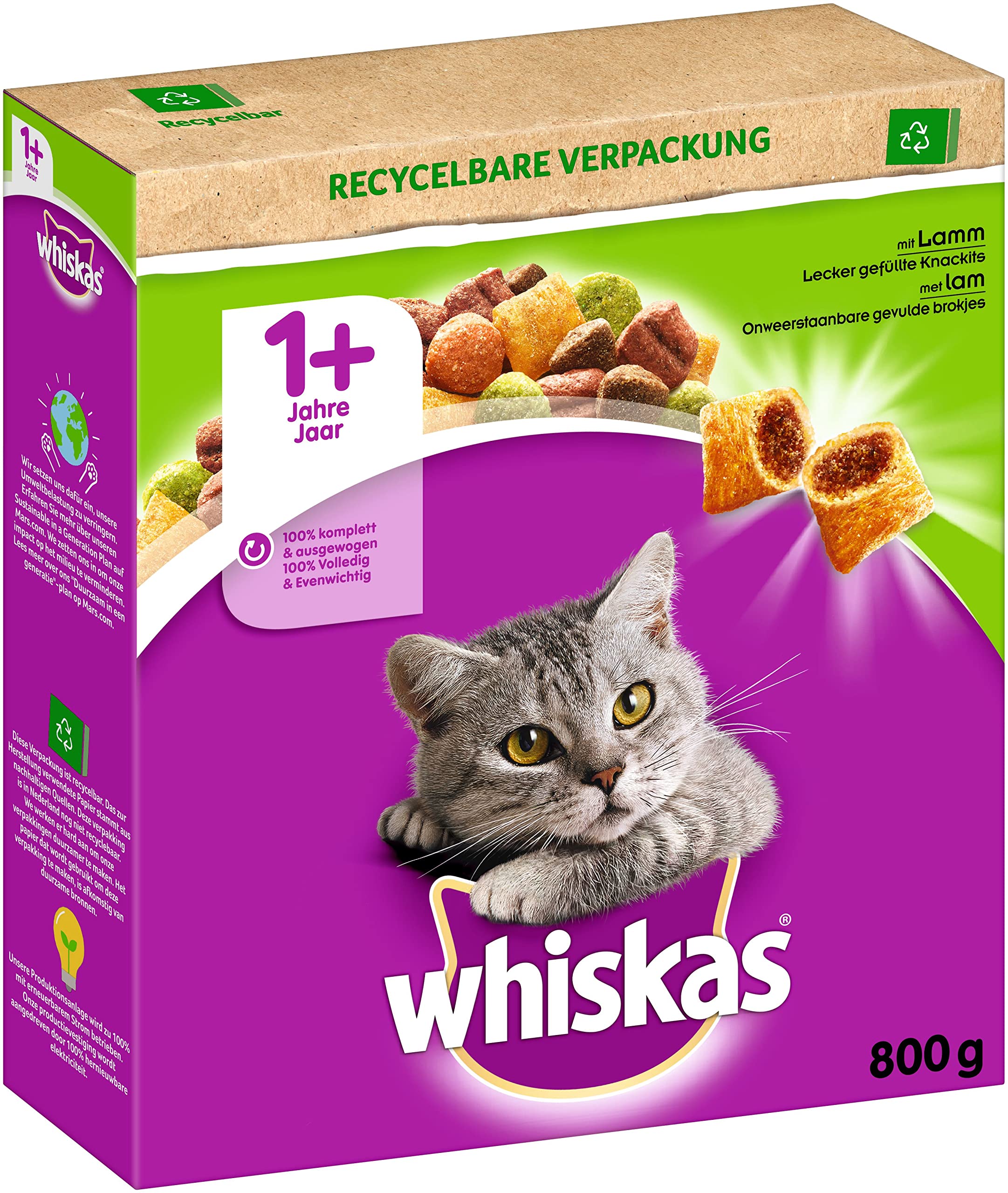 Whiskas Adult 1+ sucha karma jagnięca, 5 x 800 g (5 paczek) - sucha karma dla dorosłych kotów - dostępne różne opakowania produktu