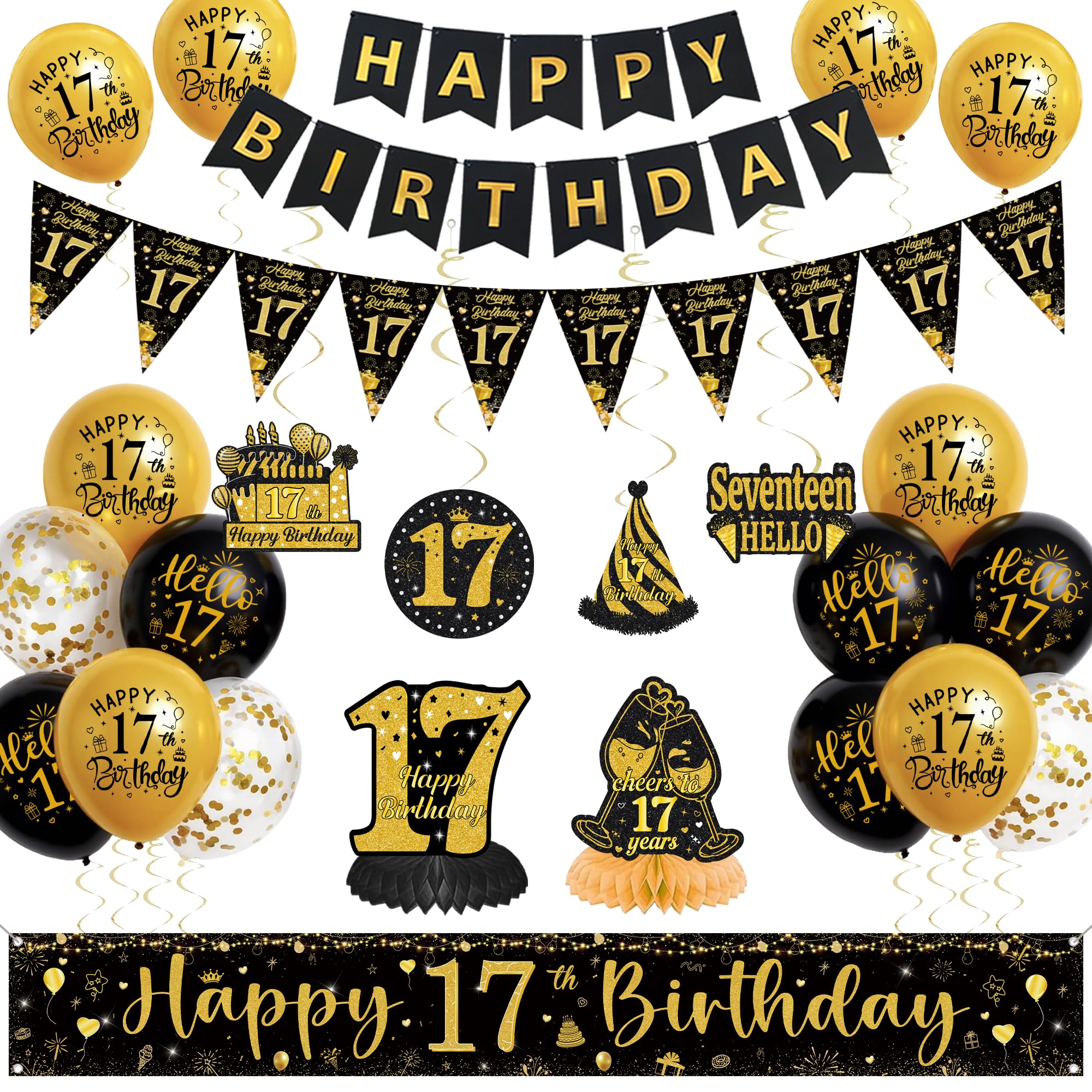 17th Birthday Decorations for Girls Boys, Black Gold Happy 17th Birthday Yard Banner, Triangular Bunting Hanging Swirls and Honeycomb Centrepieces Balloons for 17 Years Old Party Supplies