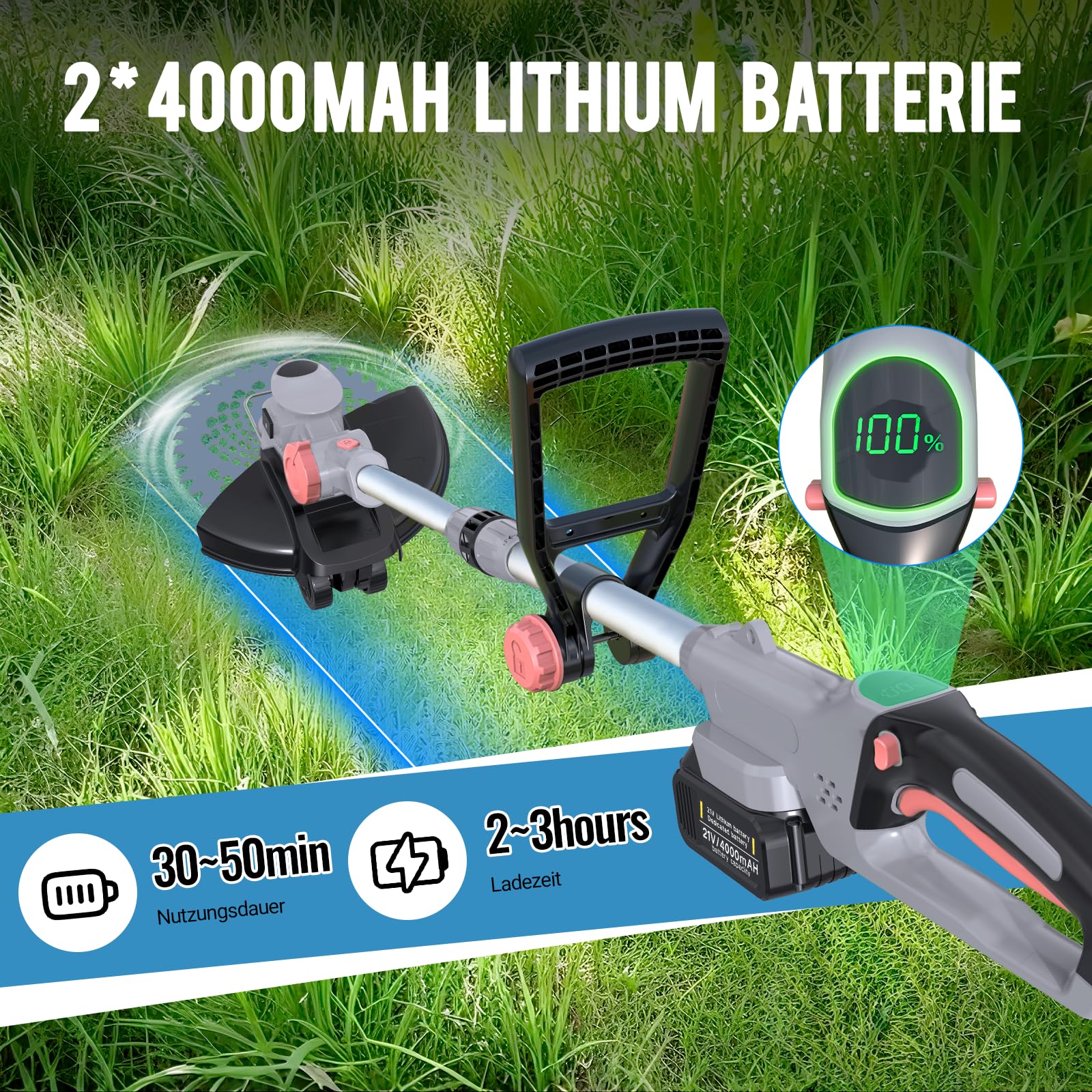 Desbrozadora con batería y cargador, 21 V, desbrozadora para batería Makita, incluye 2 baterías de 4,0 Ah, desbrozadora con cepillo para malas hierbas, cabezal giratorio 90°, para jardín (gris)