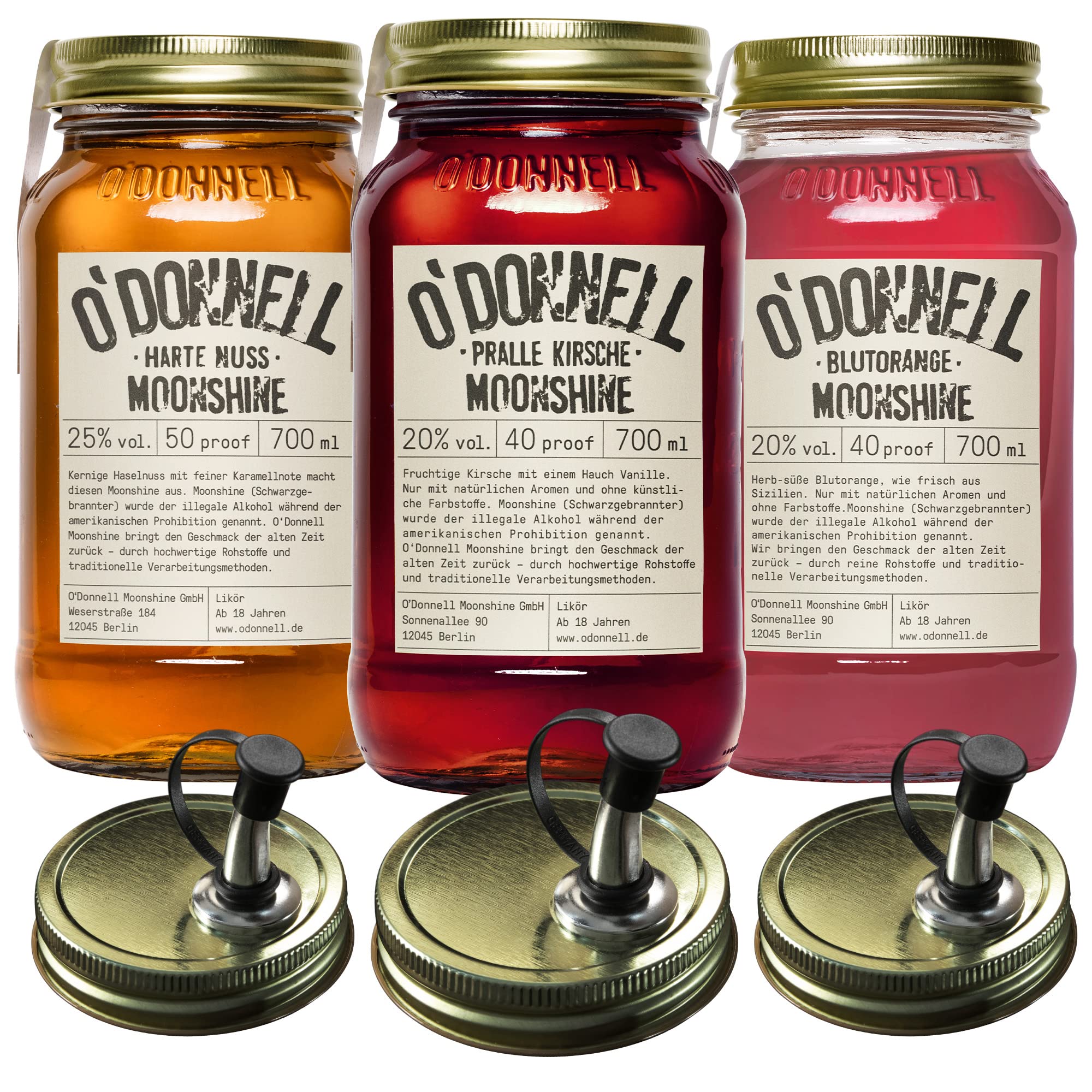 O'Donnell Moonshine Likör Set 3x 700ml Premium Likör (Made in Berlin) Fruchtiger Likör in Original Mason Jars + 3x Ausgießer – Harte Nuss Haselnusslikör, Blutorange & Cherry Kirschlikör