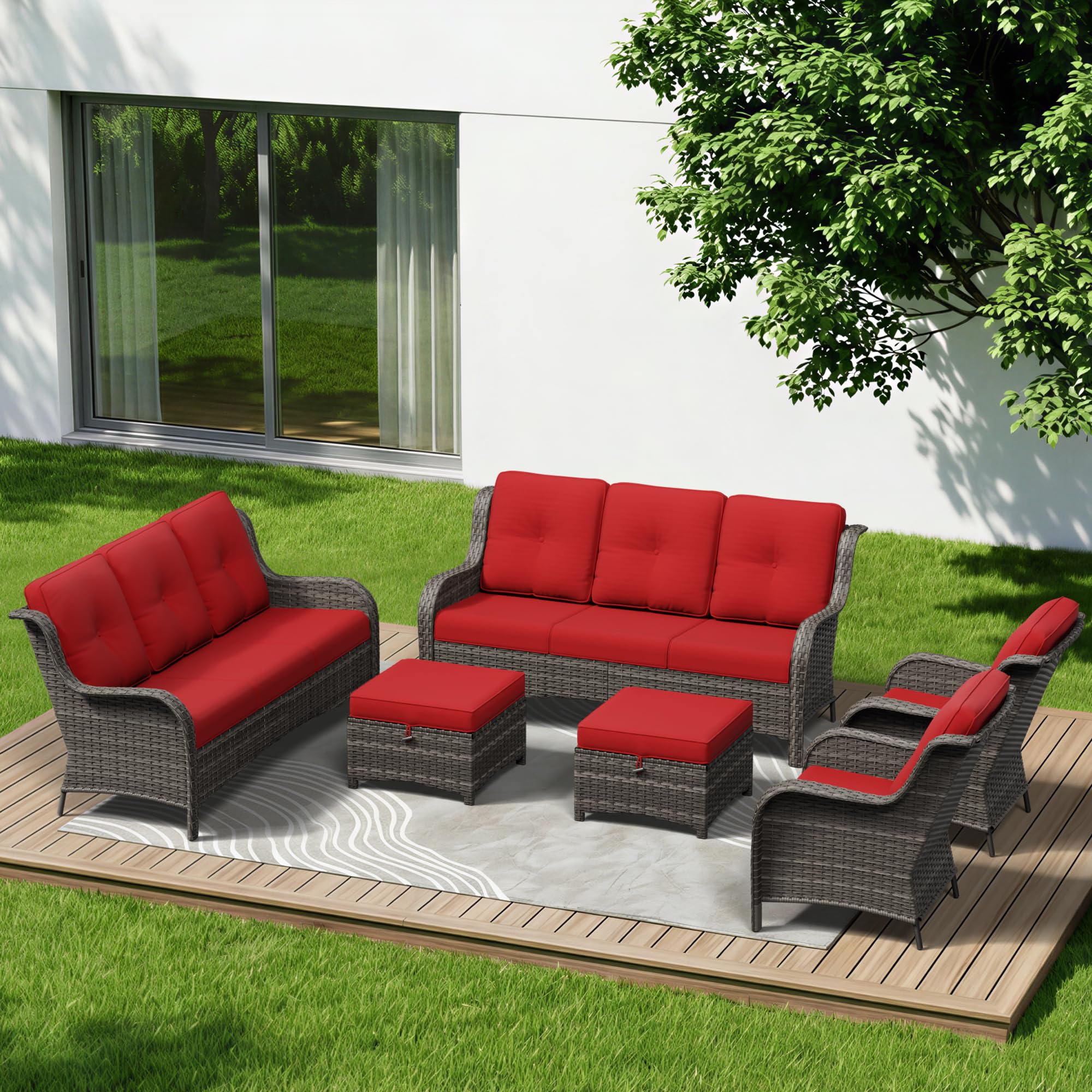 6 Piece Outdoor Wicker Patio Furniture Set, Patio Chairs Set with Thickened Olefin Cushions, High Back and Deep Seating, Hand-Woven PE Rattan, Ottoman for Porch, Deck