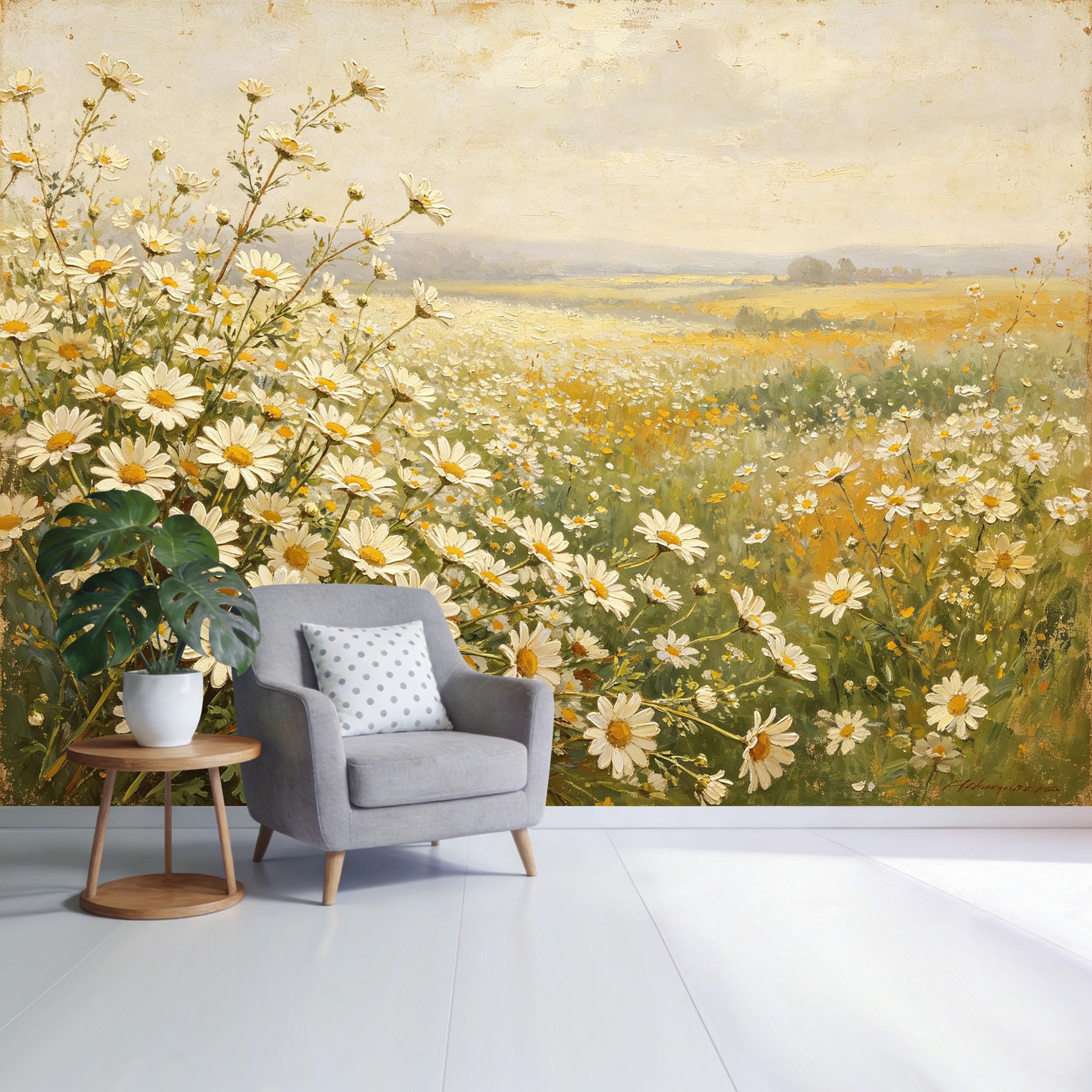 Custom Size Wall Mural Botanical Daisy Meadow Landscape Oil Painting Style SelfAdhesive Wall Fabric Removable Wallpaper for Home Office Decor