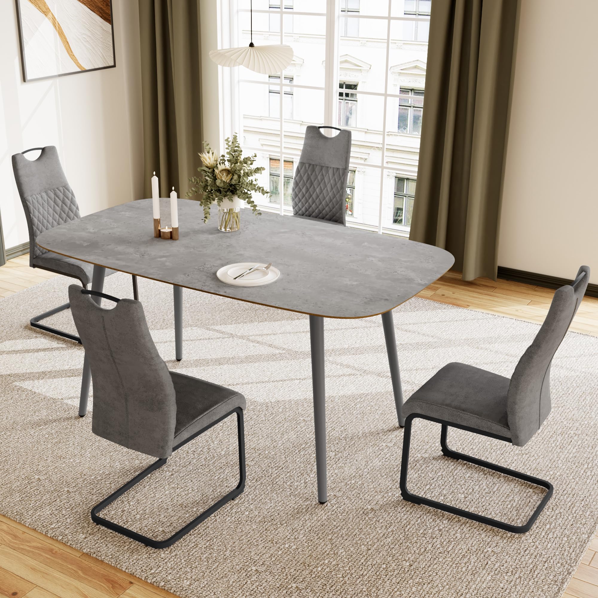JIEXI Esstisch Küchentisch, 120 cm grau + 4 graue Stühle, 4-6 Personen | MDF Holz, Metallbeine, Modernes Design, Für Wohnzimmer & Esszimmer