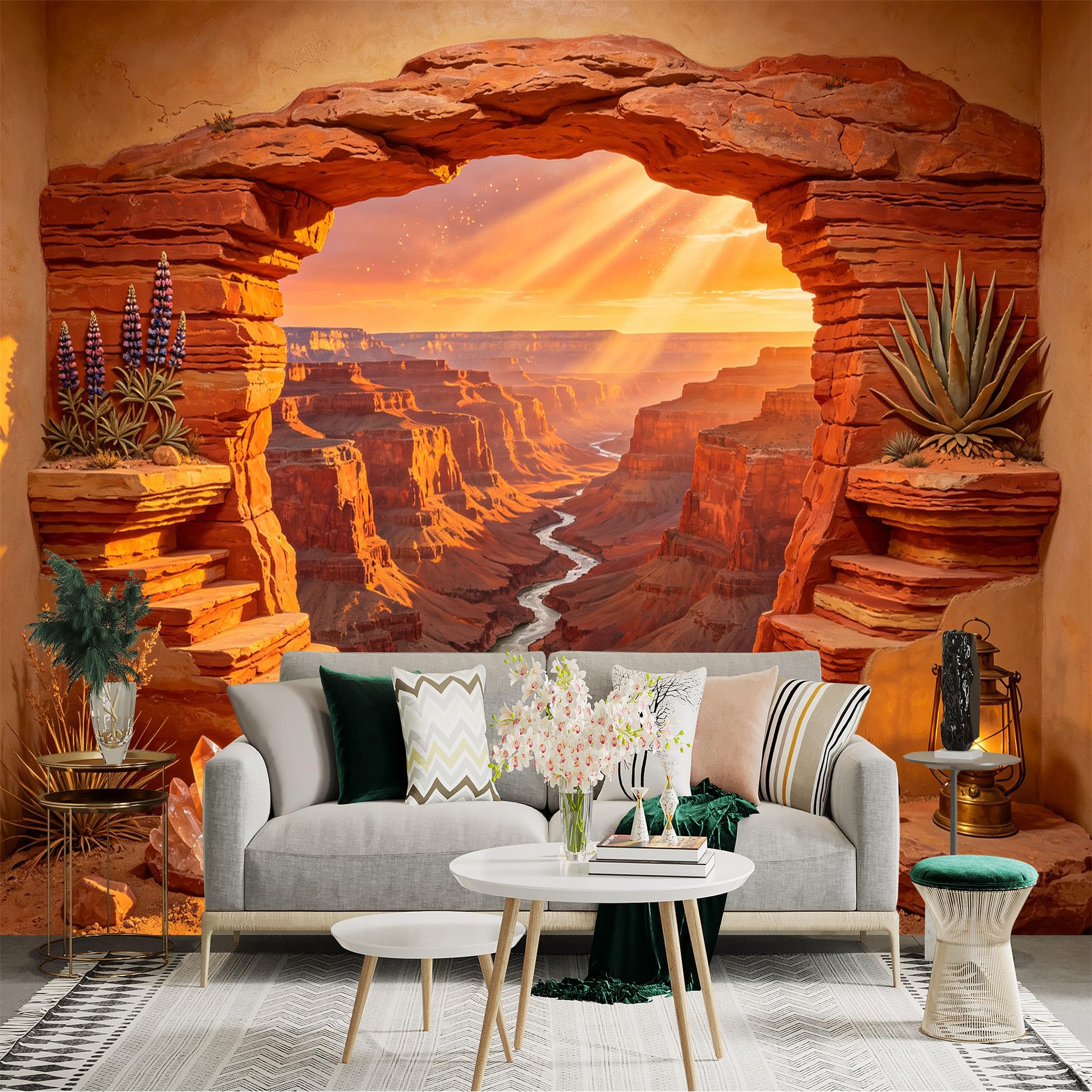 Custom Size Wall Sticker Mural， Desert Canyon Sunset Rocky Arch River Valley Landscape， for wall Decoration， peelandstick wall Decals.