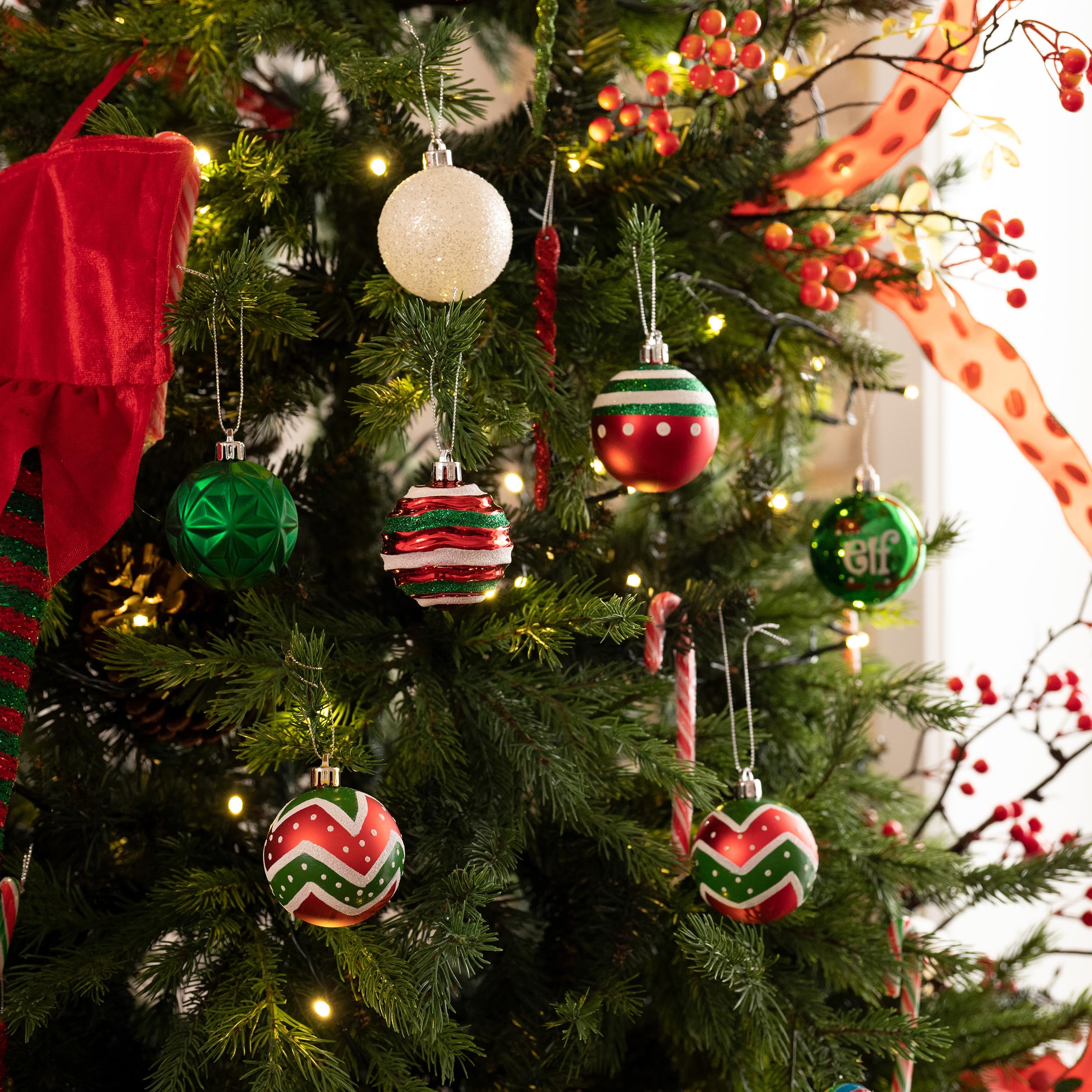 Valery Madelyn Christmas Ornaments Set, 30ct Elf Red Green White Shatterproof Christmas Tree Decorations Set, 2.36 Inch Decorative Hanging Ball Ornaments Bulk for Xmas Holiday Party Indoor Decor