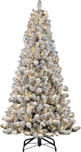 Puleo International Árbol de Navidad artificial de pino de Virginia preiluminado de 6.5 pies con 300 luces incandescentes transparentes con