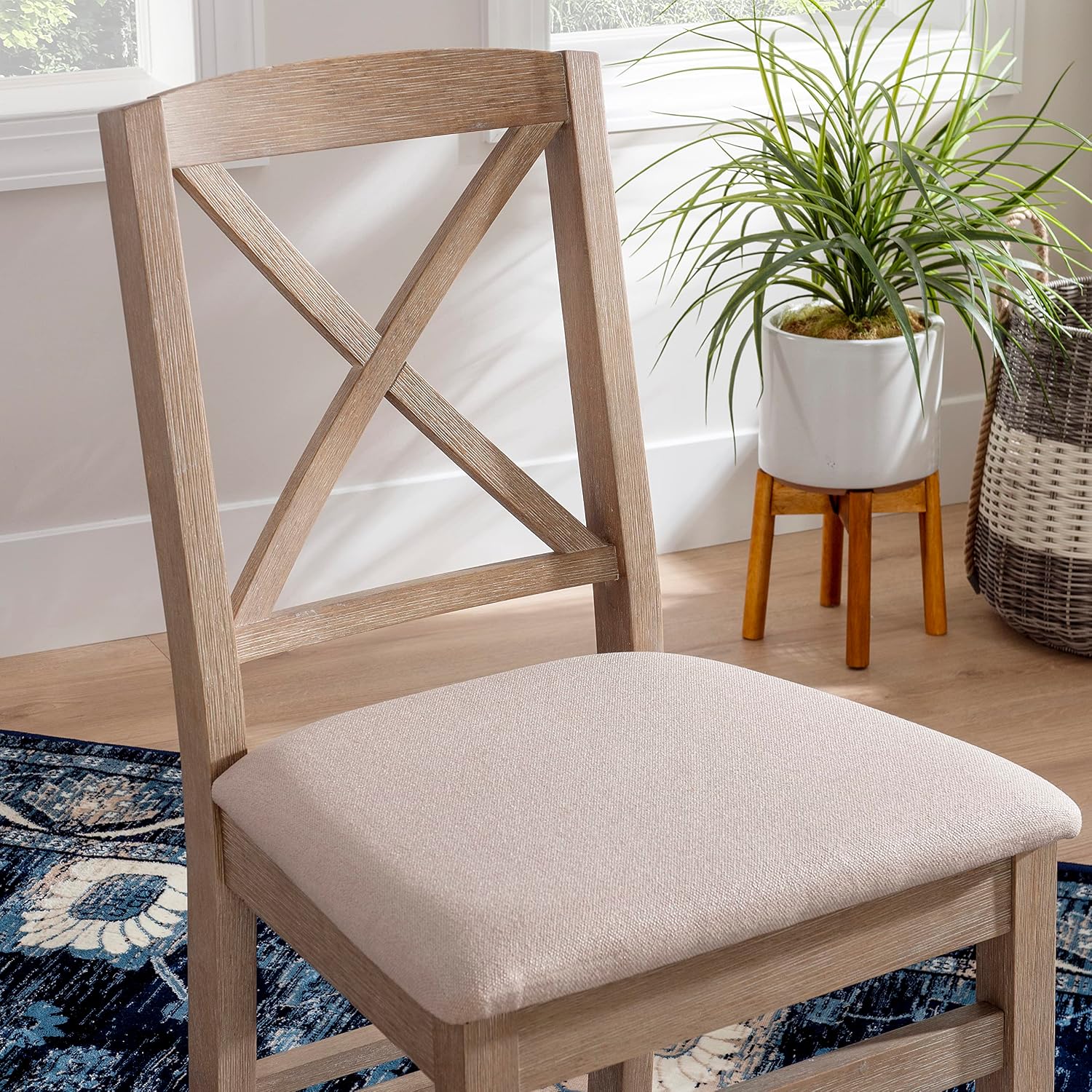 Linon Triena Greywash X Back Dining Chair with Beige Upholstered Seat, Set of 2