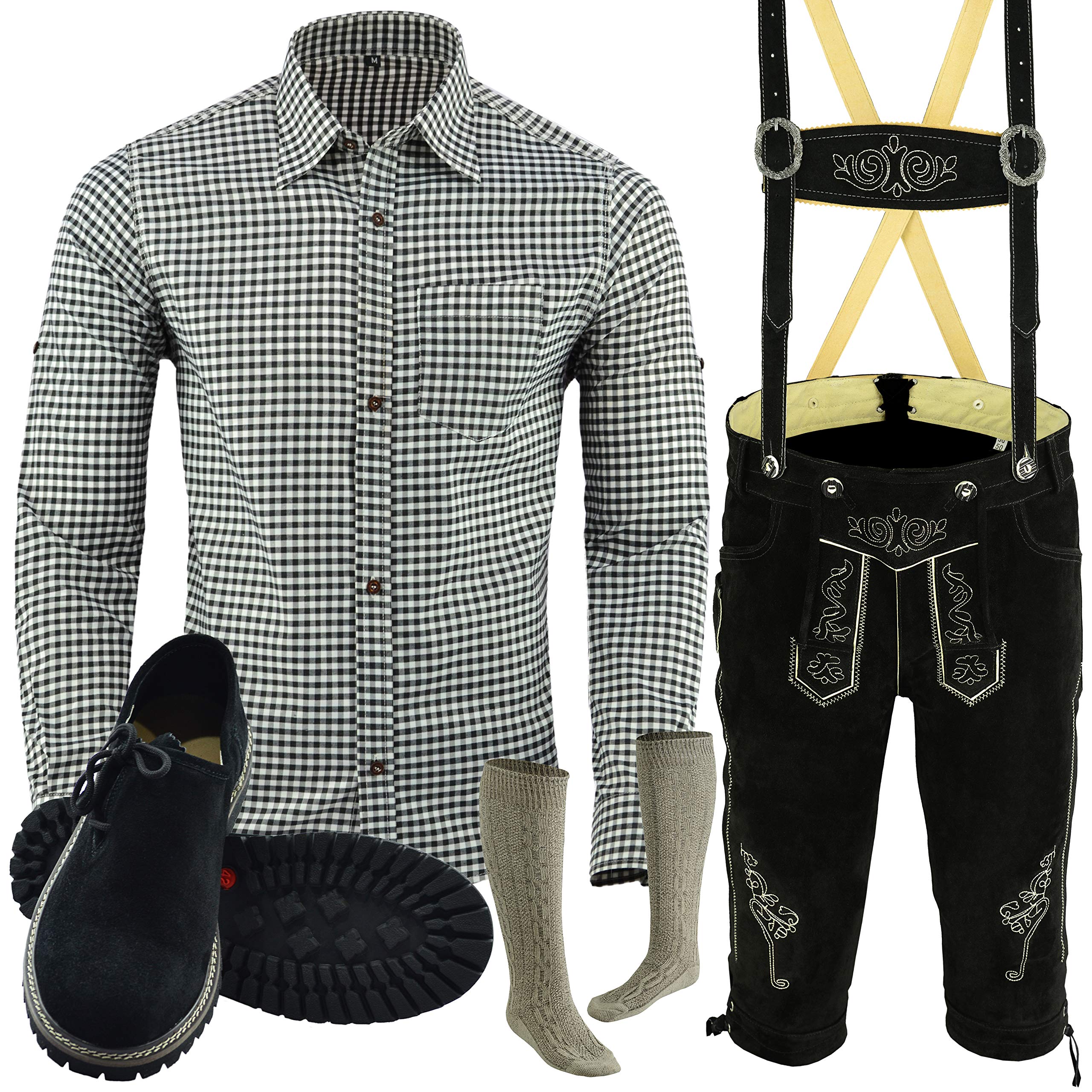 Trachten Set Herren Komplett Trachten Lederhose Größe 46-62 Bayerische 5 Teilig Trachtenlederhose Hemd, Schuhe, Socken Neu - Oktoberfest Lederhose
