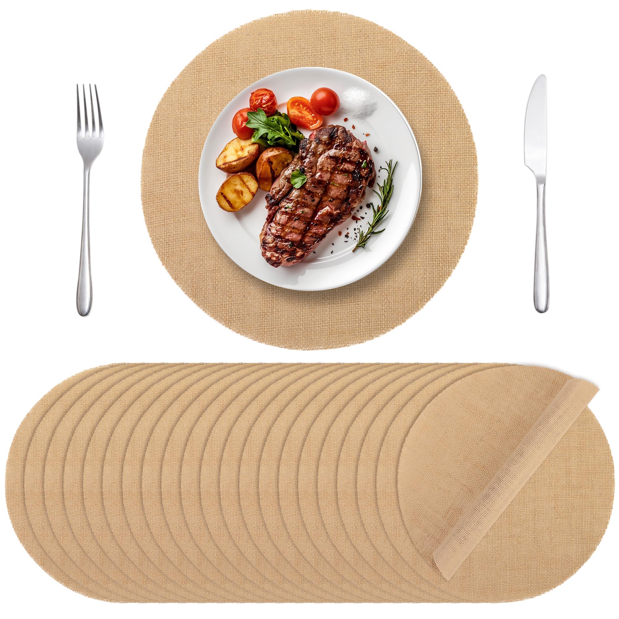 Aneco 50 Pieces Round Burlap Placemats 11.8 Inch Reusable Brown Table Mats Heat Resistant Natural Jute Fibers Placemats Burlap Circle Rustic Table