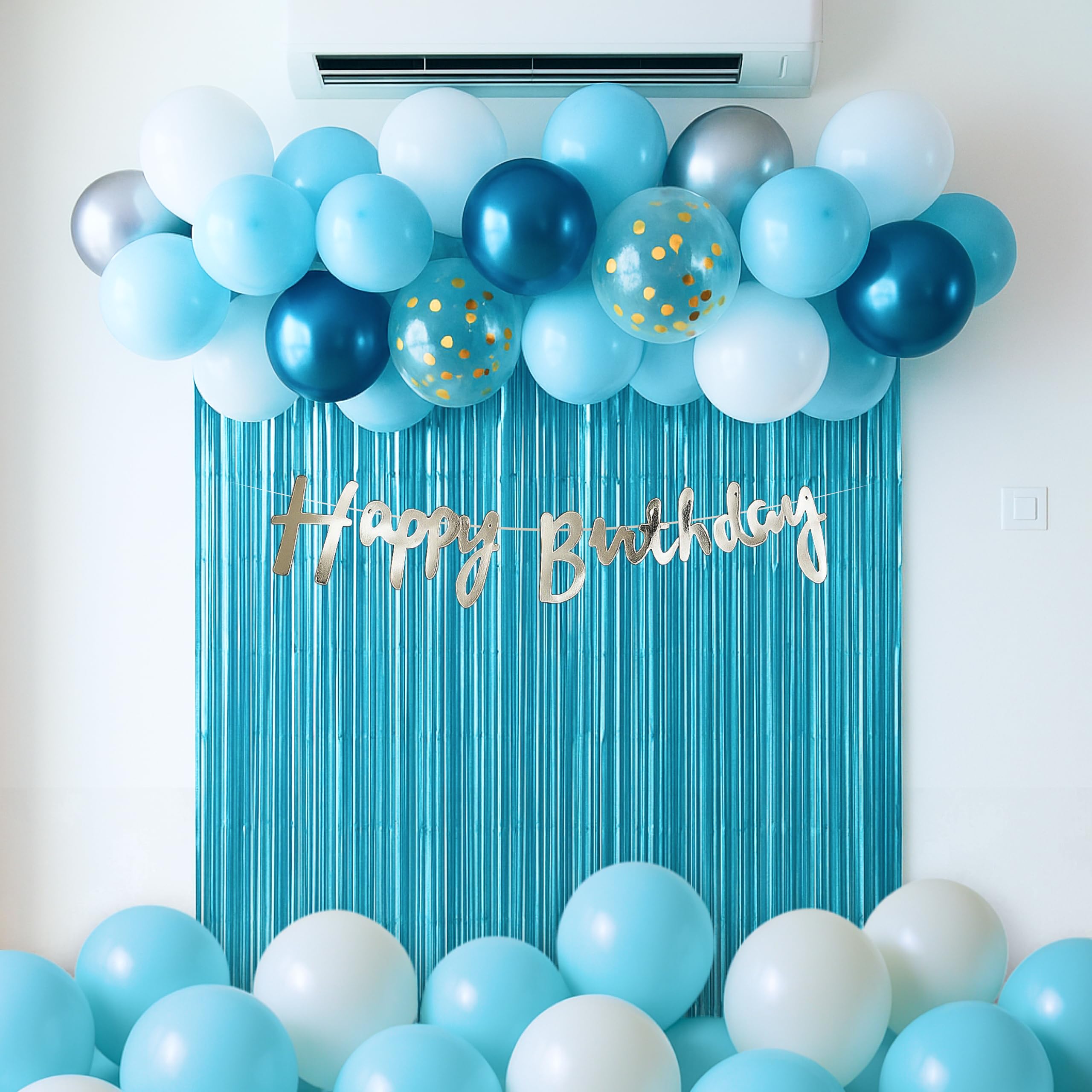 The FOMO Factory Birthday Decoration Kit, 53 Pcs - Blue, Silver Balloon Arch + 2 Pastel Foil Curtains 3x6 ft + Silver Happy Birthday Banner | Party Backdrop for Boys, Girls (Ocean blue)-image-7