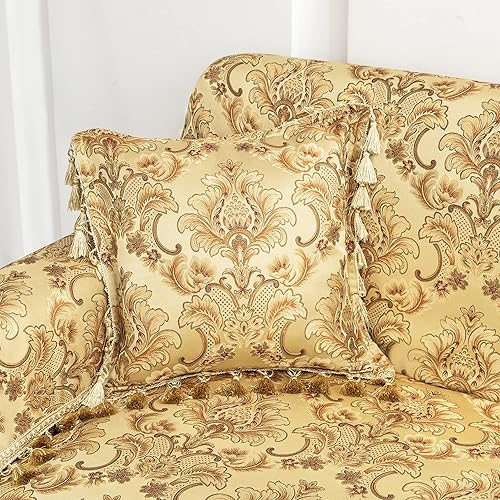 Miniatura 5 de Loom and Mill Fundas de sofá de lujo de tela jacquard, fundas para sofá, protector de muebles con borde de encaje y borlas hechas a mano para