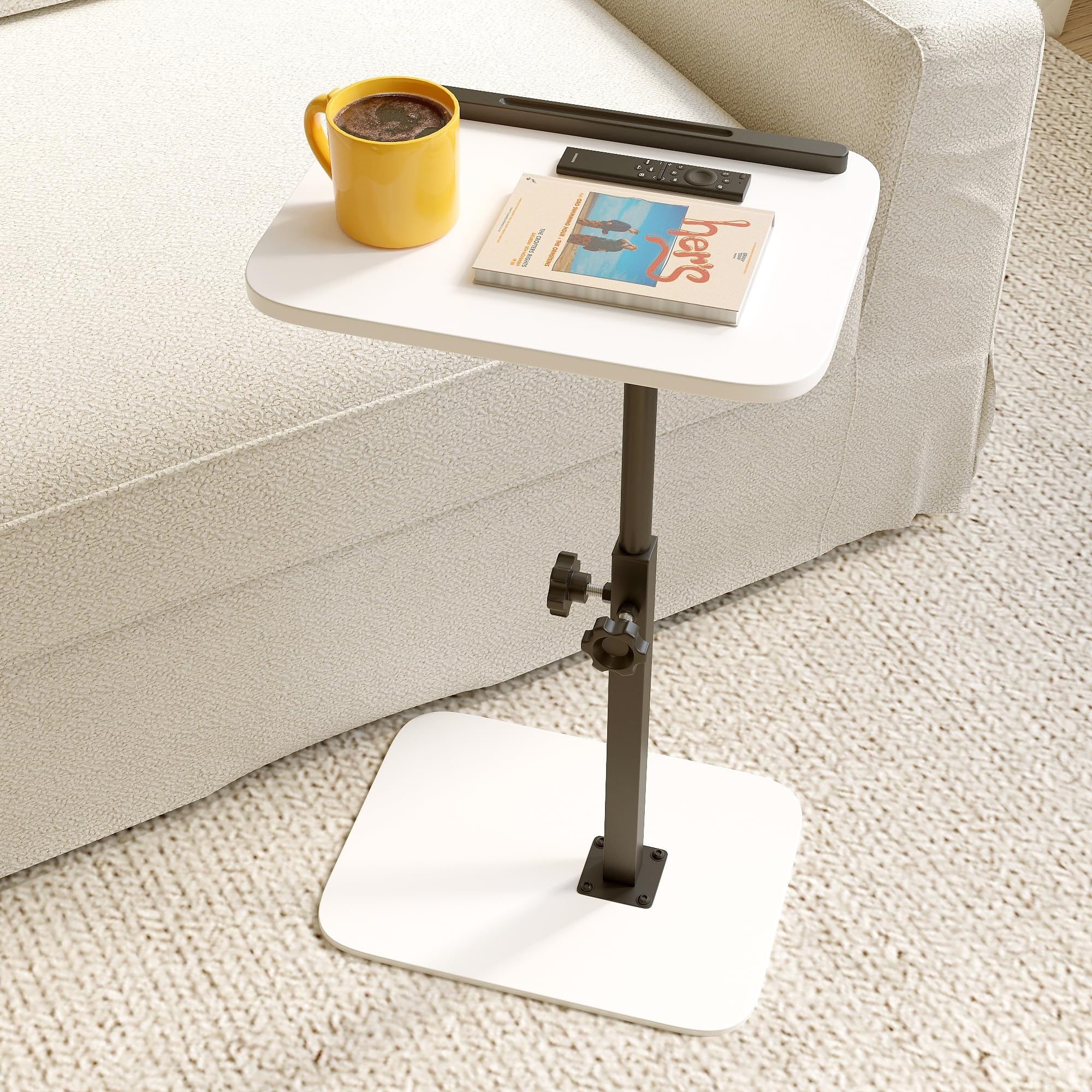Xyphren C Shaped Side Table, 40x30cm Height Adjustable End Table for Small Spaces, 360° Swivel with Anti-Slip Bar, Space-Saving TV Tray Table Small Coffee Snack Table for Bedroom, White/Small