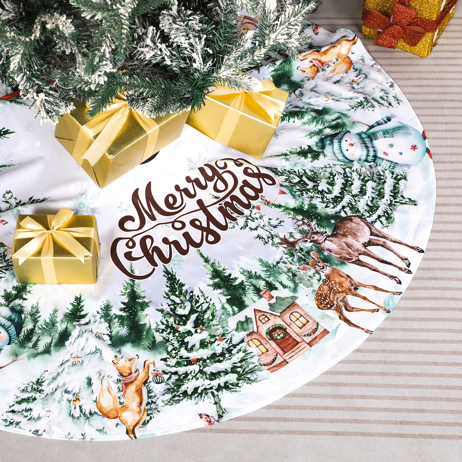 Poen Christmas Tree Skirt 48 Inch Rustic Xmas Tree Mat Farmhouse Snowman Reindeer Snowflake Winter Wonderland Tree Skirt Christmas Tree Collar Cover for Winter Holiday Home Decoration