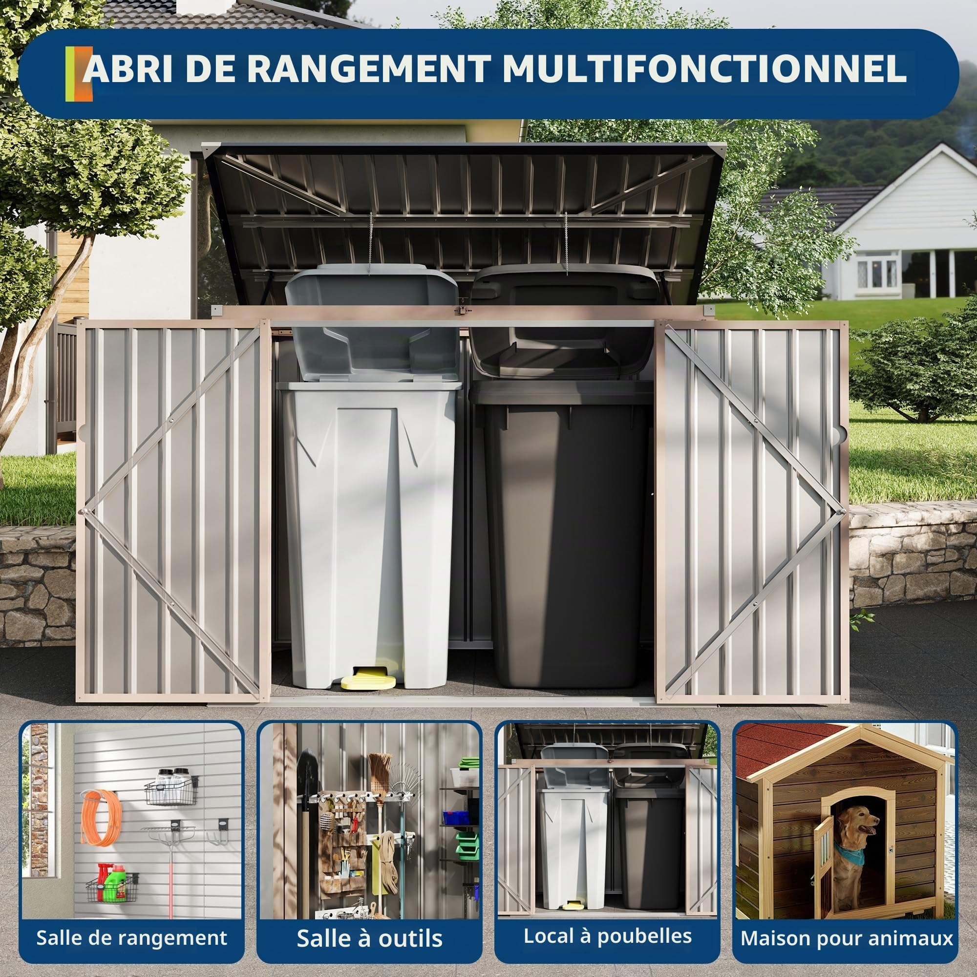 Coffre De Rangement Extérieur en Métal-2 Portes-Le Haut Peut s'ouvrir | Étanche Et Anti-Rouille, Couvercle à Chaîne Sécurisé, Idéal Pour Jardin, Terrasse Et Patio