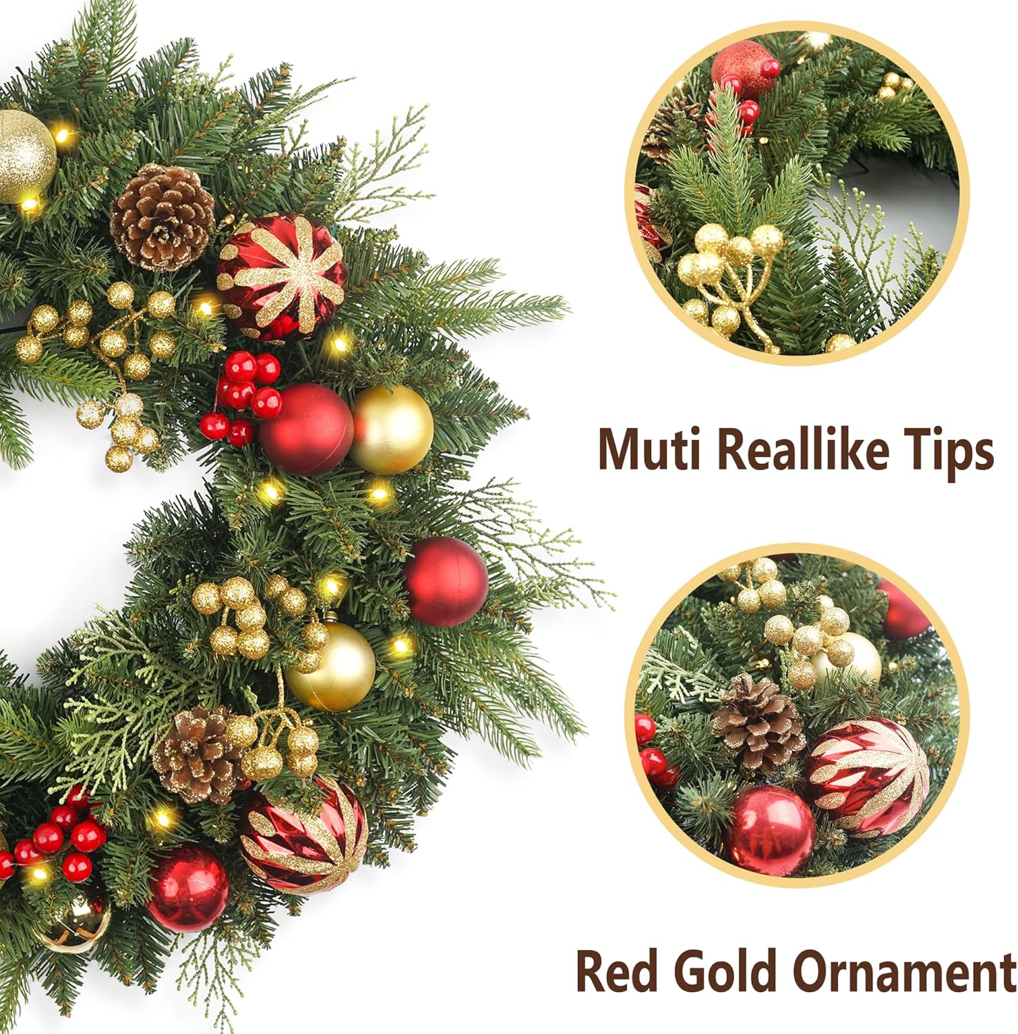 Christmas Wreath Pre-lit 24 inch with 50 Light & Red Gold Ball Pine Cone, Artificial Christmas Wreaths for Front Door with Lights, Wreath for Christmas Decoration Door Windows Wall Green
